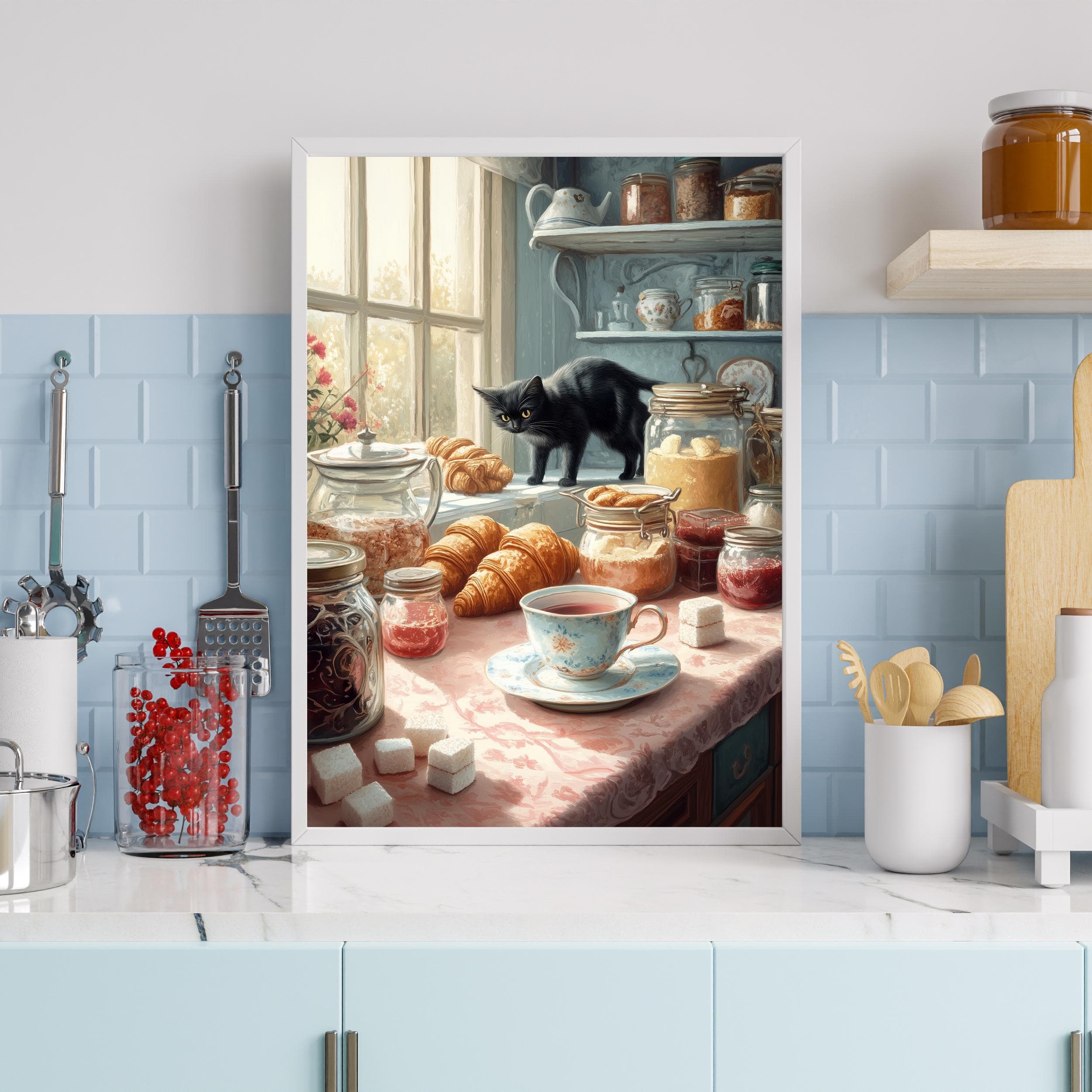 Whimsical Black Cat with Pastries Art, Farmhouse Kitchen Art, Digital Animal Wall Art, Black Cat Kitchen Poster, Kitchen Wall Decor - view 4