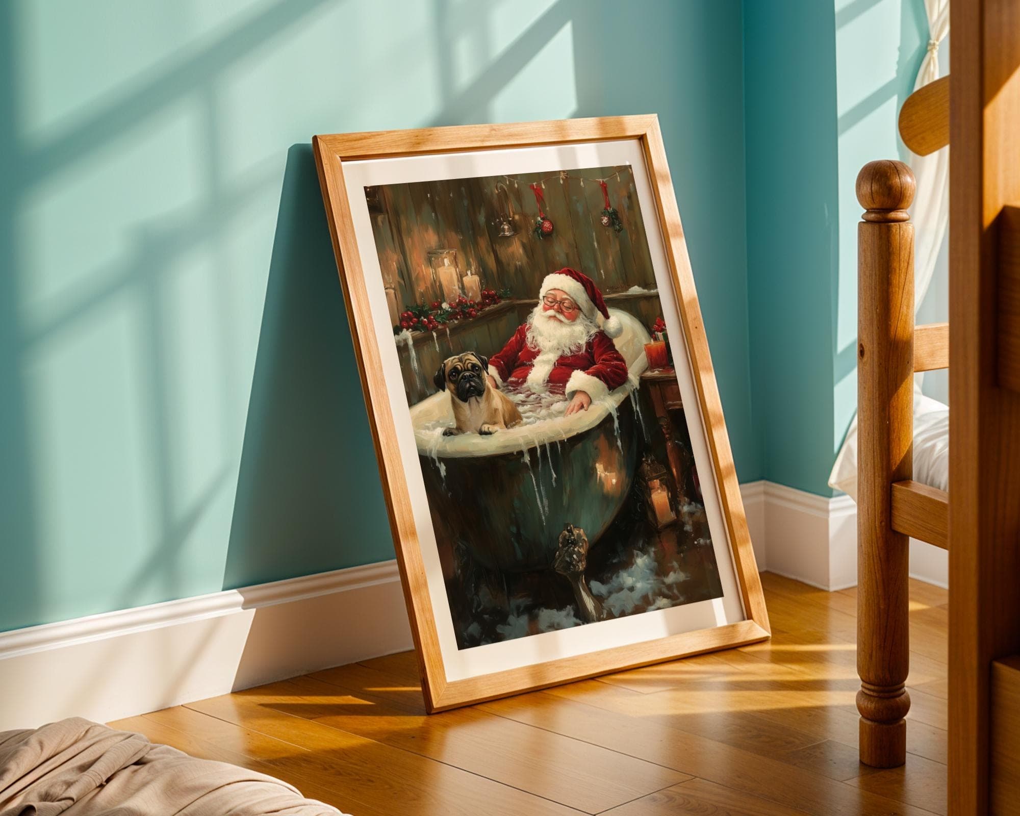 Santa Relaxing in Bathtub with Pug Christmas Art Print, Funny Santa Poster for Bathroom Wall, Maximalist Christmas Home Decor, Santa Pug Art - view 3