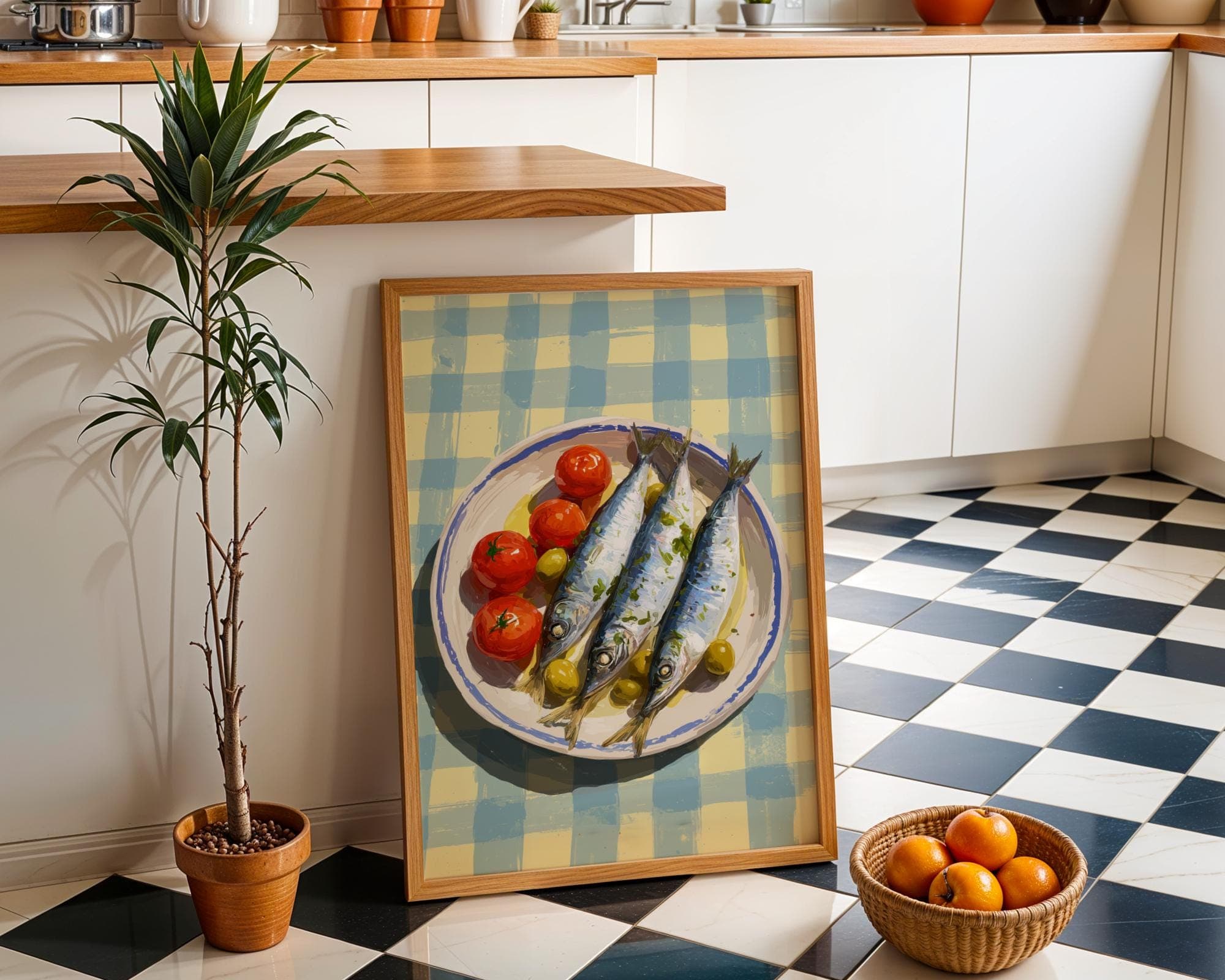 Mediterranean Sardine Plate Wall Art, Sardines Painting, Digital Download, Rustic Kitchen Wall Art, Sardines Kitchen Art, Sardines Art - view 3