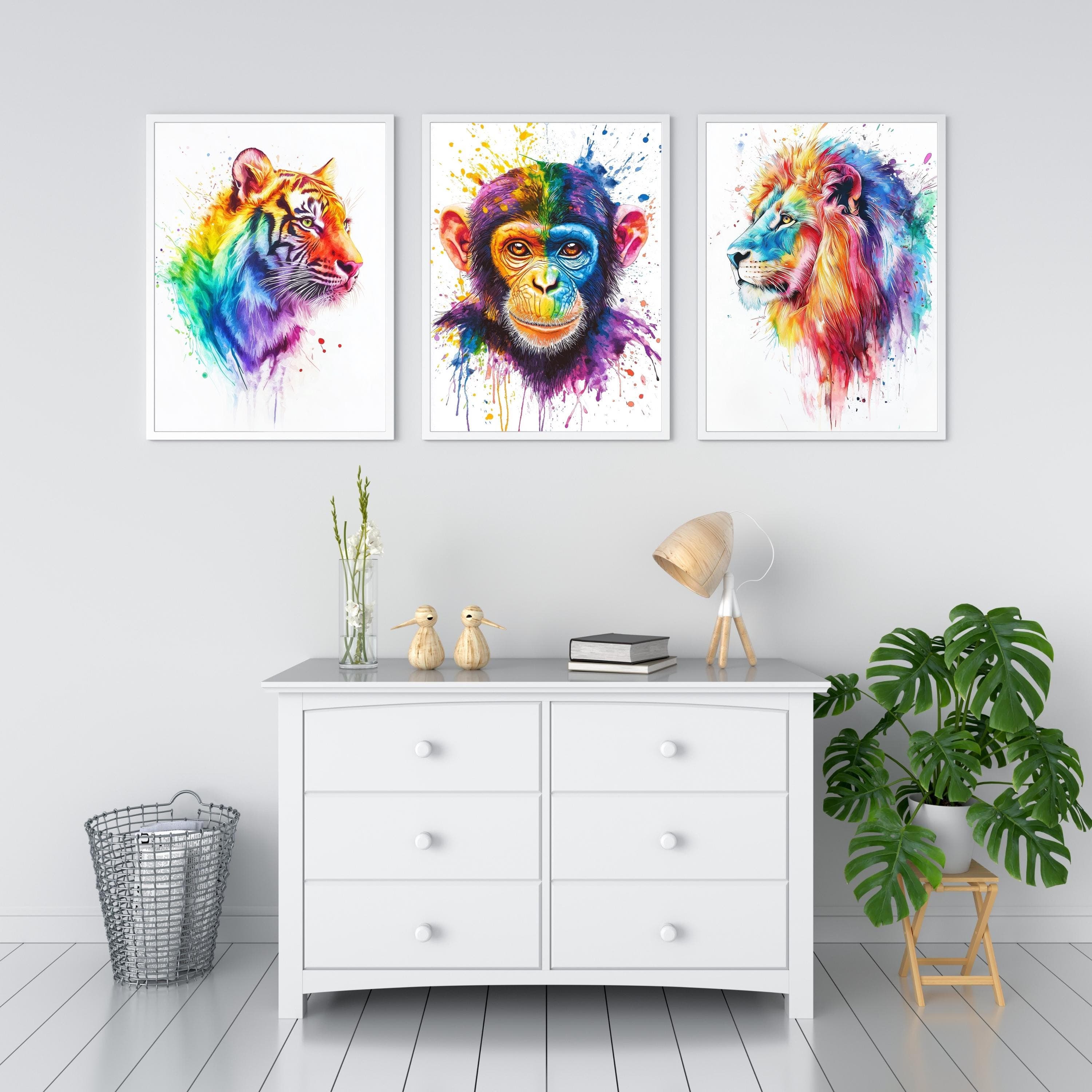 Set of 6 Safari Animals Watercolor Printable Art, Colorful Painting Wall Art, Nursery Children Gift, Rainbow Animal Wall Art, Tiger Poster - view 2