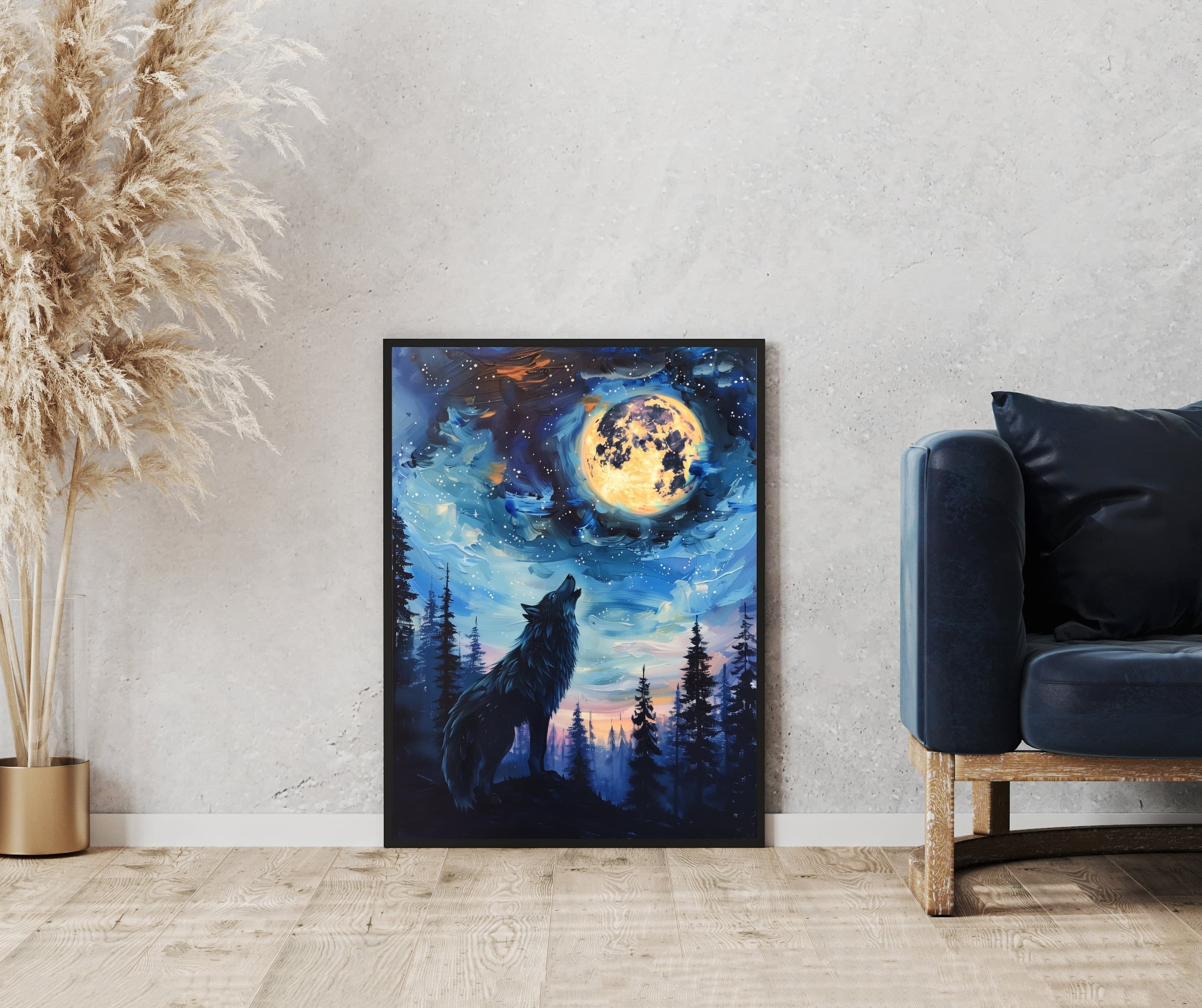 Black Wolf Full Moon Wall Art, Oil Painting, Black Wolf Landscape Poster, Moonlit Night Wolf Howling Abstract Art, Full Moon Wolf Print - view 5