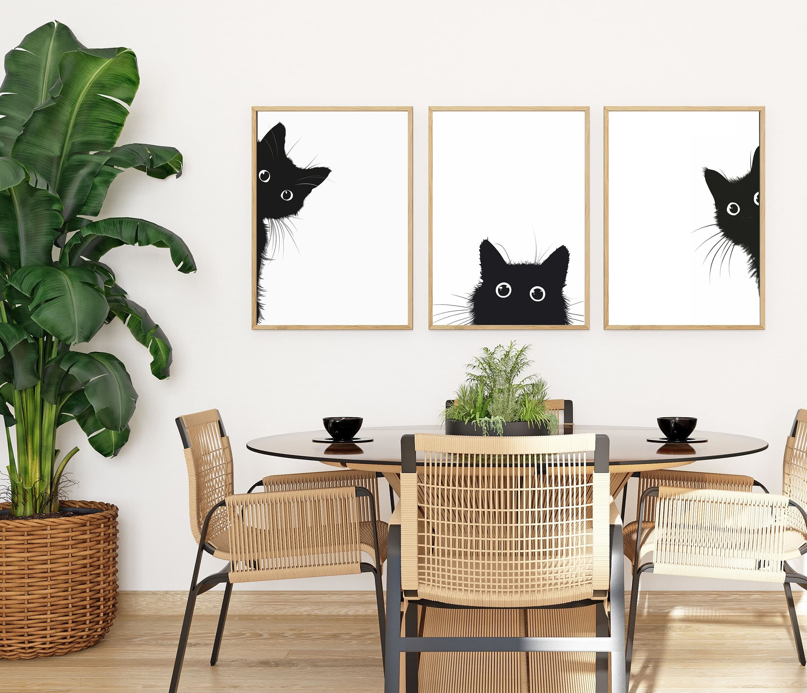 Set of 3 Peeking Black Cat Print Wall Art Poster, Black and White Cat Wall Art, Quirky Cat Decor, Black Cat Art, Set of 3, Quiry Cat Print - view 5