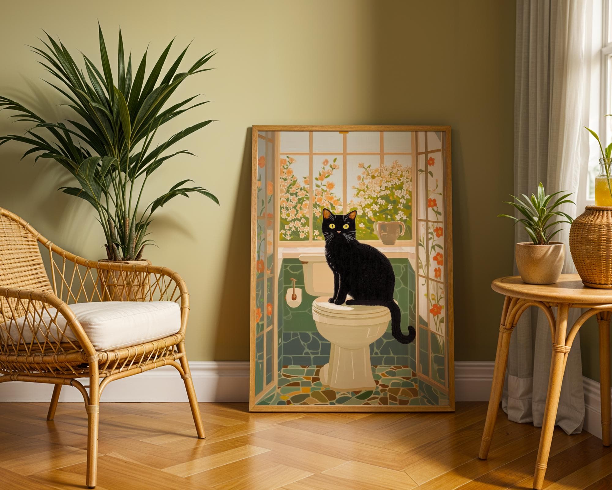Toilet Cat Print Funny, Orange Painting Poster, Animal Wall Art, Digital Wall Art, Bathroom Wall Art, Cat in Toilet Art, Maximalist Cat Art - view 2