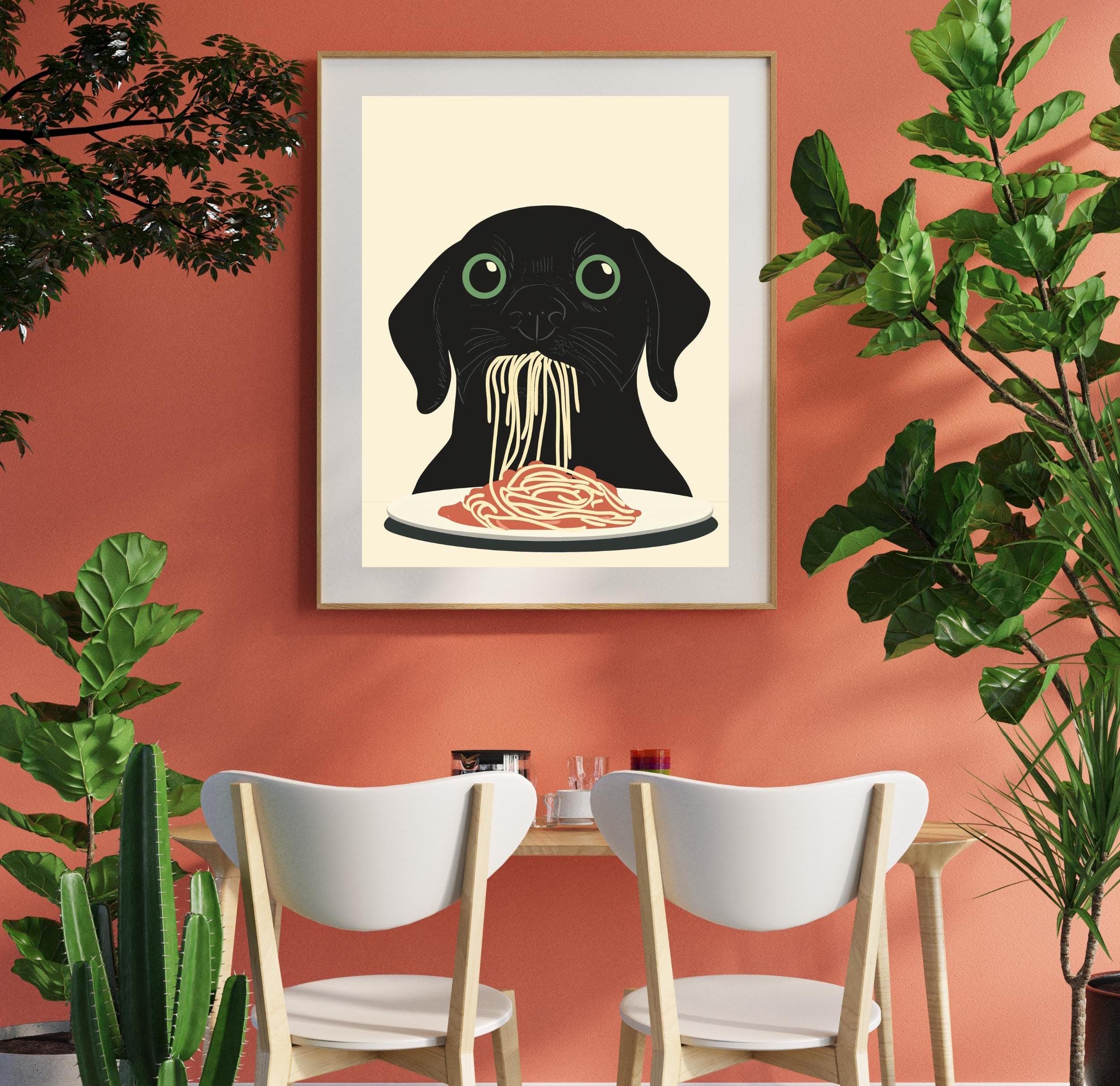 Black Dog Spaghetti Art Print,Whimsical Dog Kitchen Decor,Black Dog Pasta Print,Charming Dog Kitchen Print, Maximalist Dog Art, Dog Art - view 5