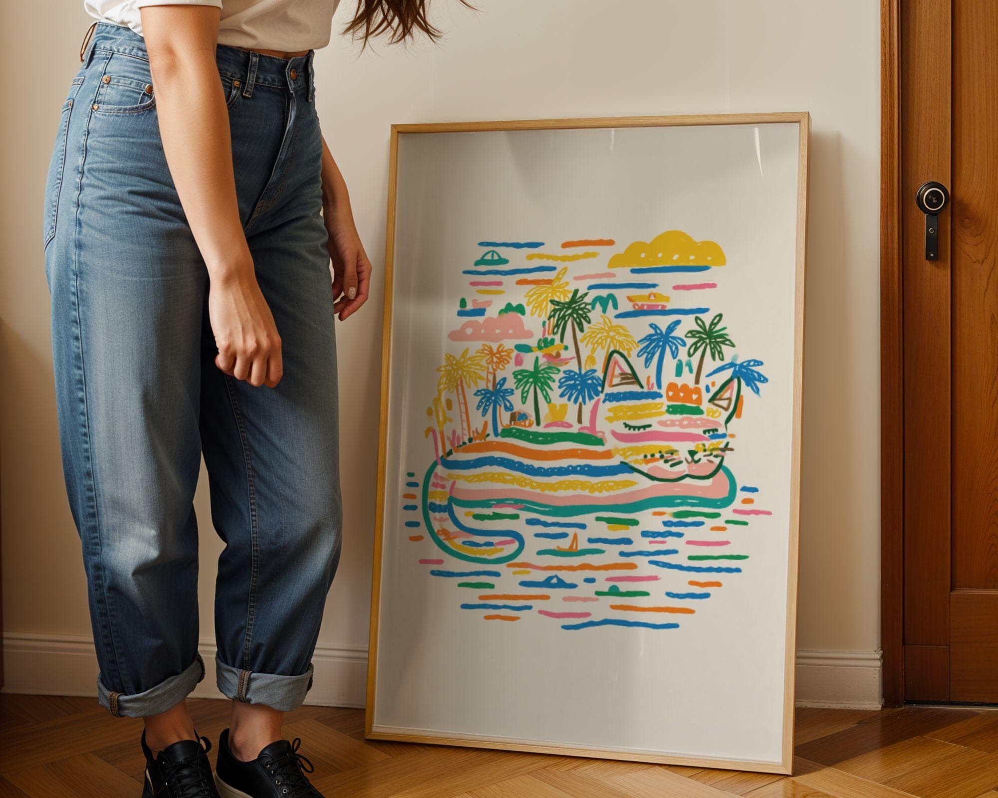 Whimsical Cat Island Print – Vibrant Crayon Style Tropical Animal Poster, Fun Cat Wall Art – Palm Island Pop Art Print, Abstract Cat Print - view 5