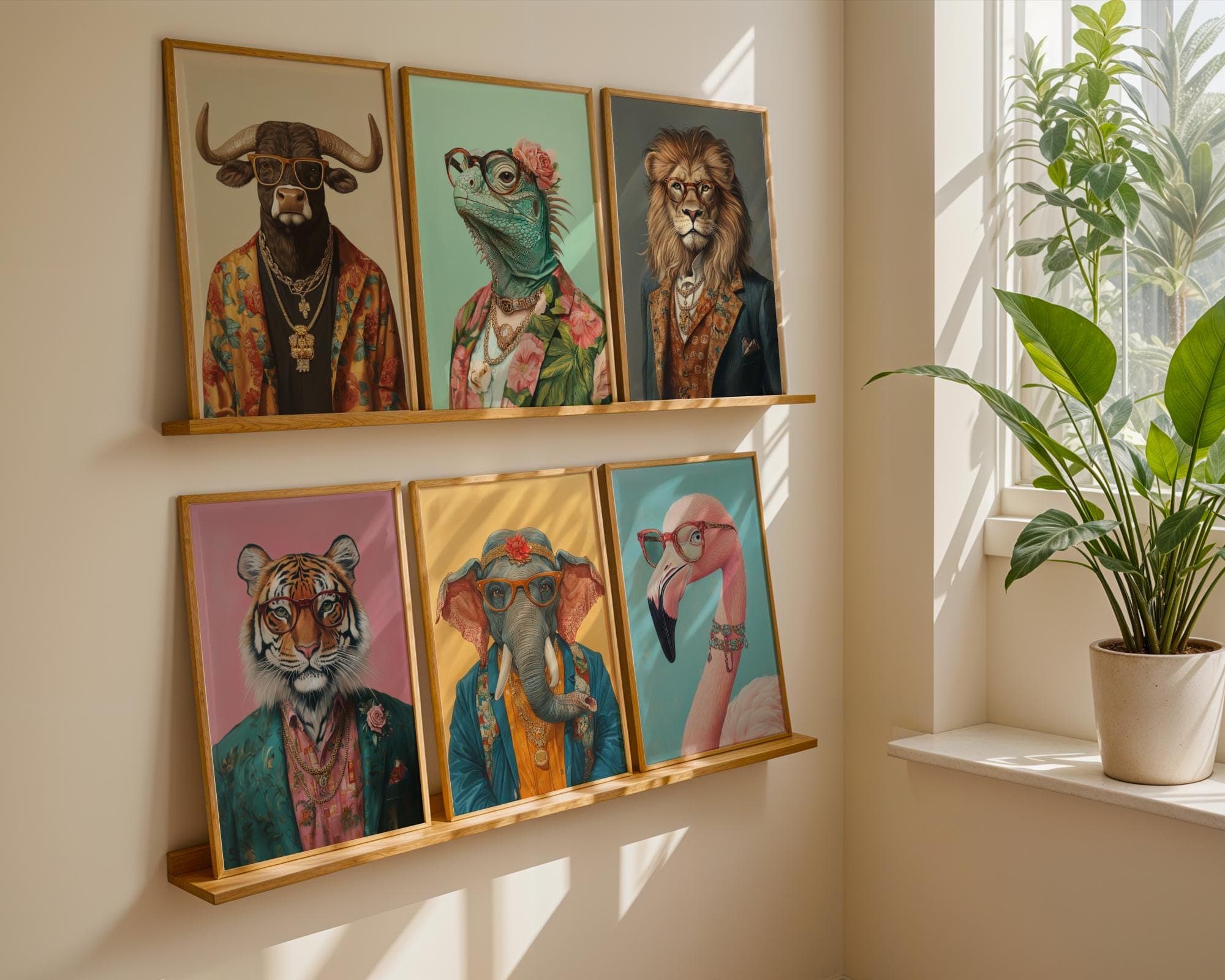 Funky Fashion Animal Print Set, Dopamine Aesthetic, Maximalist Decor, Pink Yellow Lion Tiger Painting, Preppy Print, Art Digital Download - view 5