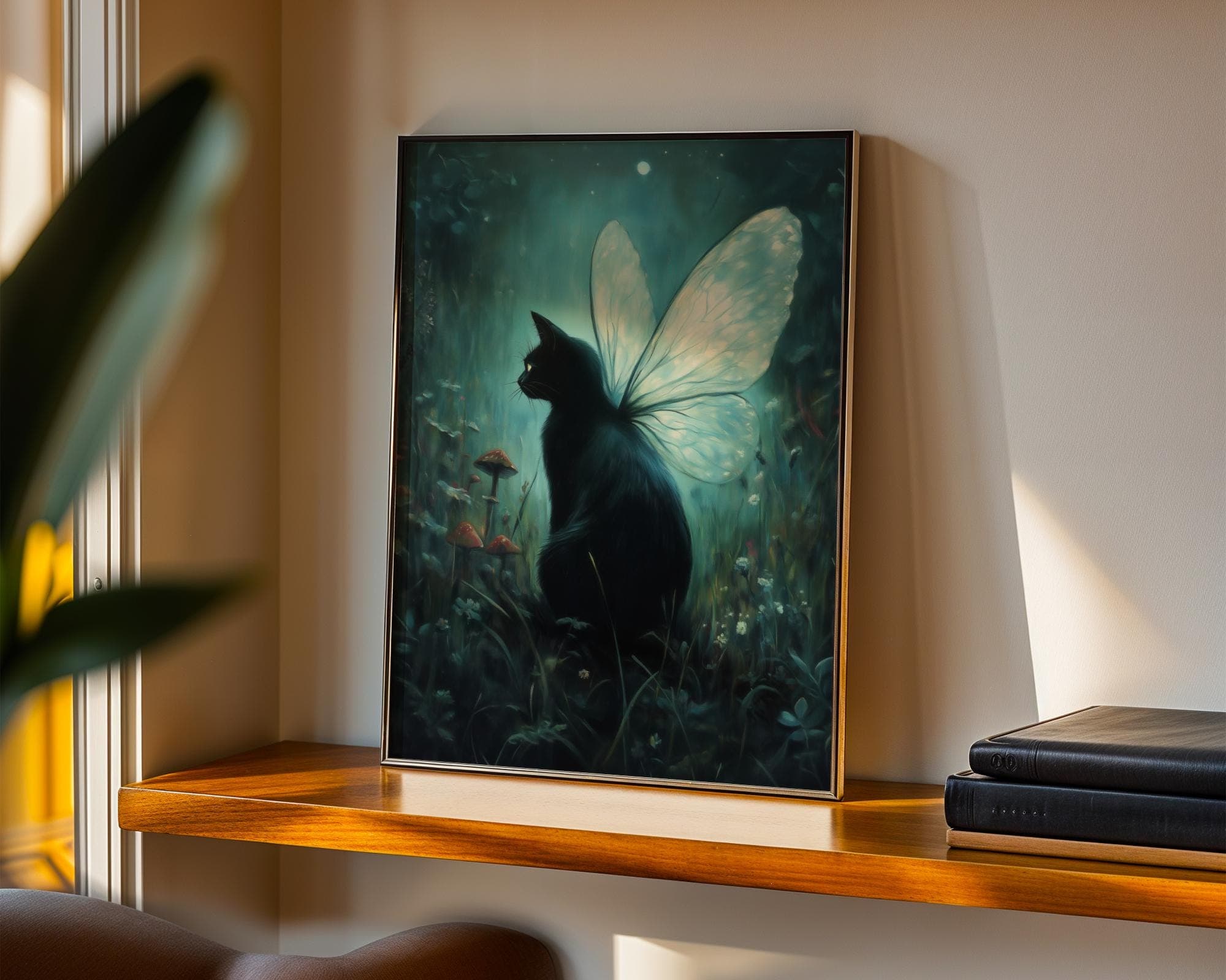 Mystical Black Cat Fairy Wall Art, Dark Forest Fantasy Print, Magical Gothic Home Decor, Whimsical Black Cat Art, Dark Fantasy Cat Art Print - view 2
