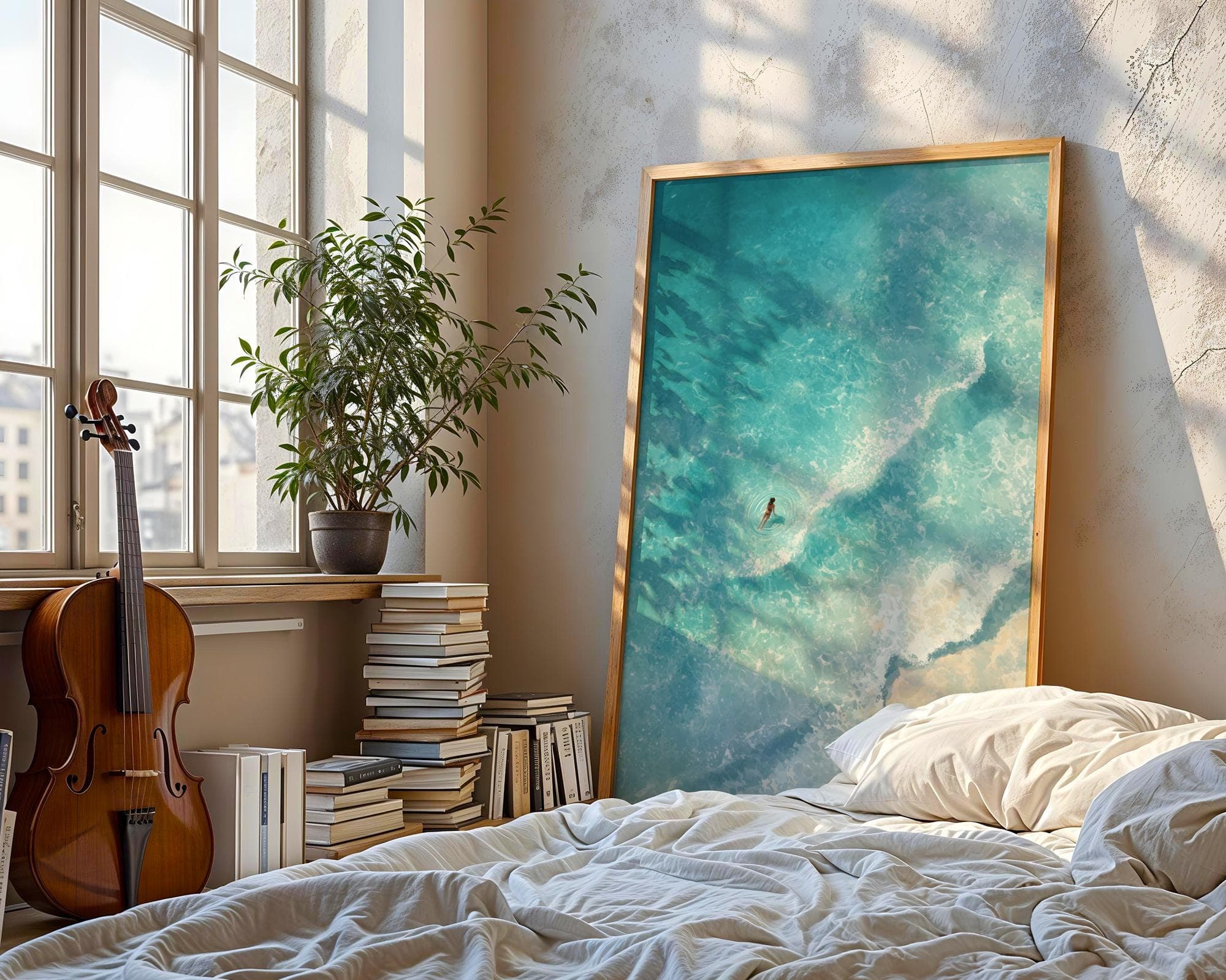 Ocean Wave Wall Art, Beach Aerial Coastal Print, Modern Coastal Wall Decor, Summer Ocean Art, Digital Download, Aerial Beach Painting - view 2