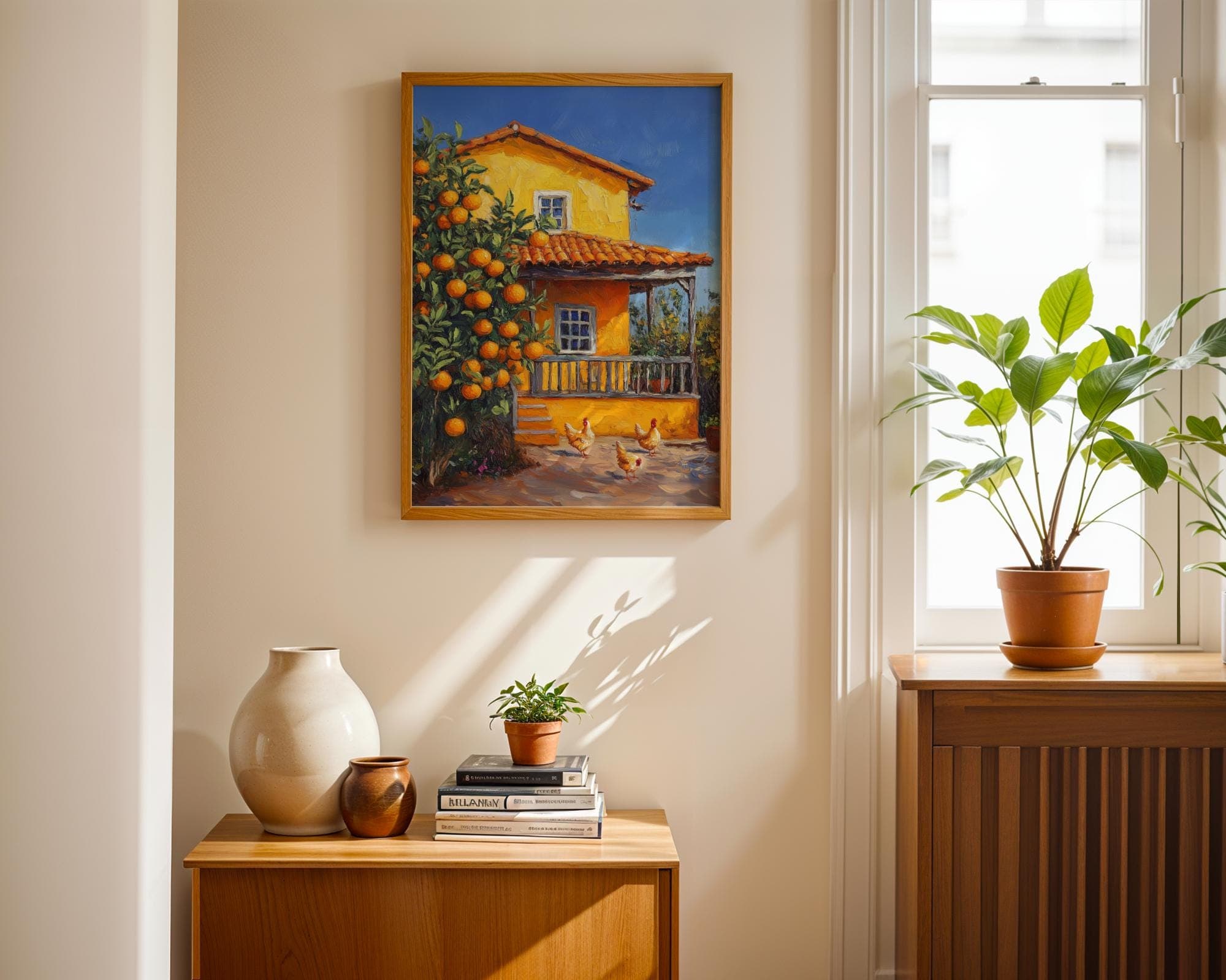 Orange Tree Farmhouse Wall Art, Colorful Country House Print, Farm Kitchen Wall Art, Vintage Farm Wall Decor, Orange Tree and Roosters Art - view 2