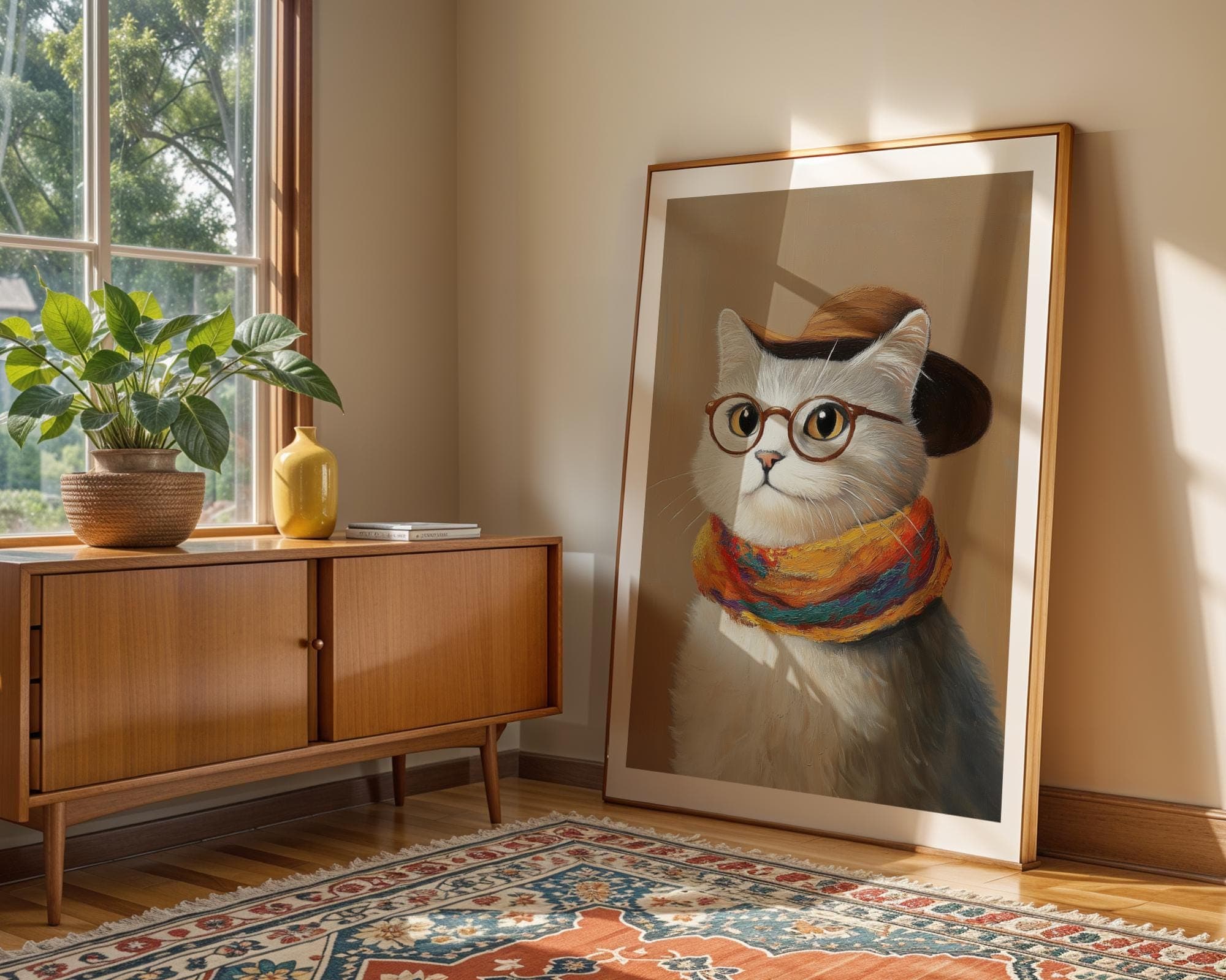 cool hipster cat art print brown | retro print | vintage art | cool cat poster | cat print | trendy decor | digital download | funky art - view 2