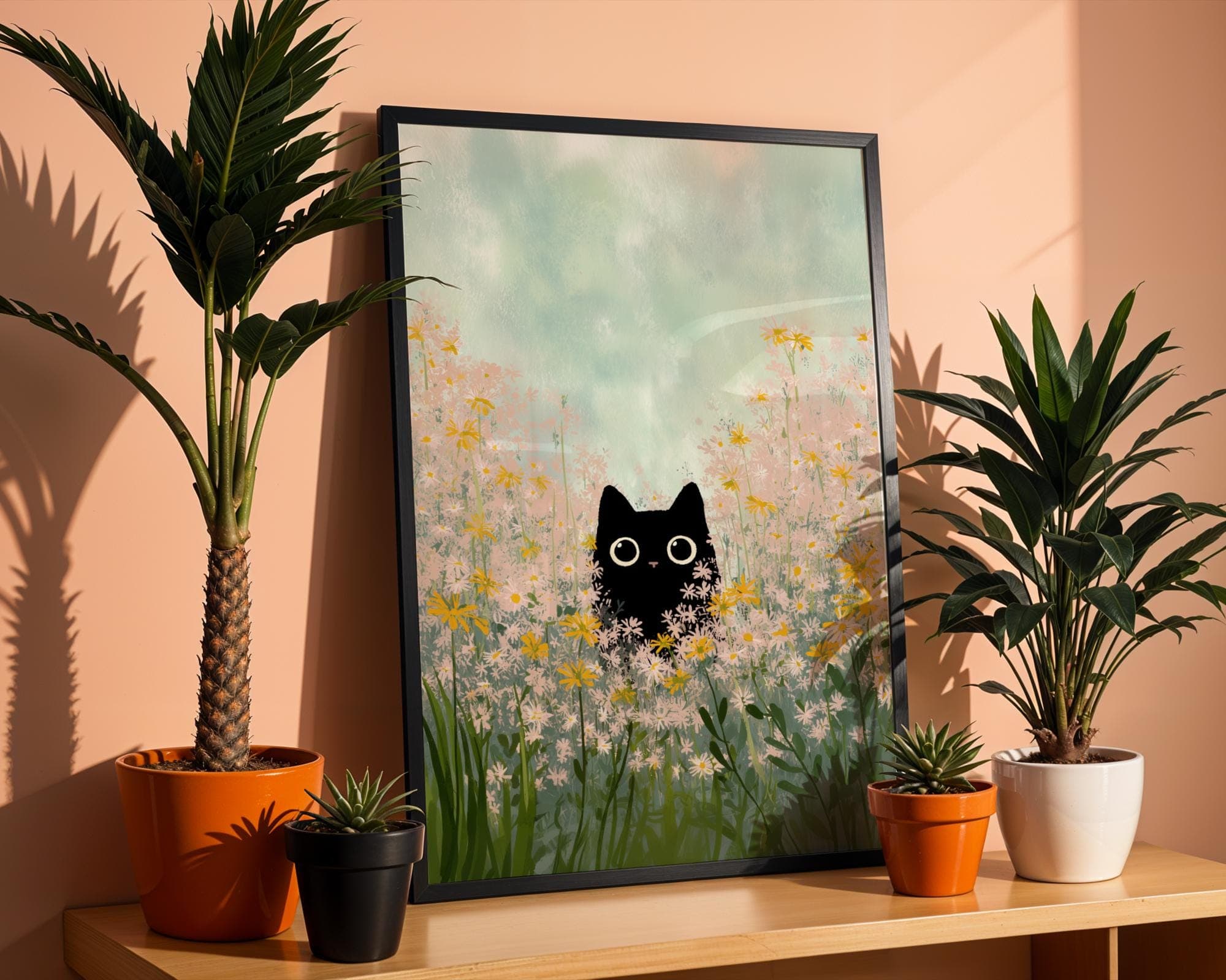 Black Cat Wall Art, Whimsical Cat in Floral Field, Kawaii Black Cat Art Print, Digital Download, Cute Black Cat Art, Whimsical Animal Art - view 5