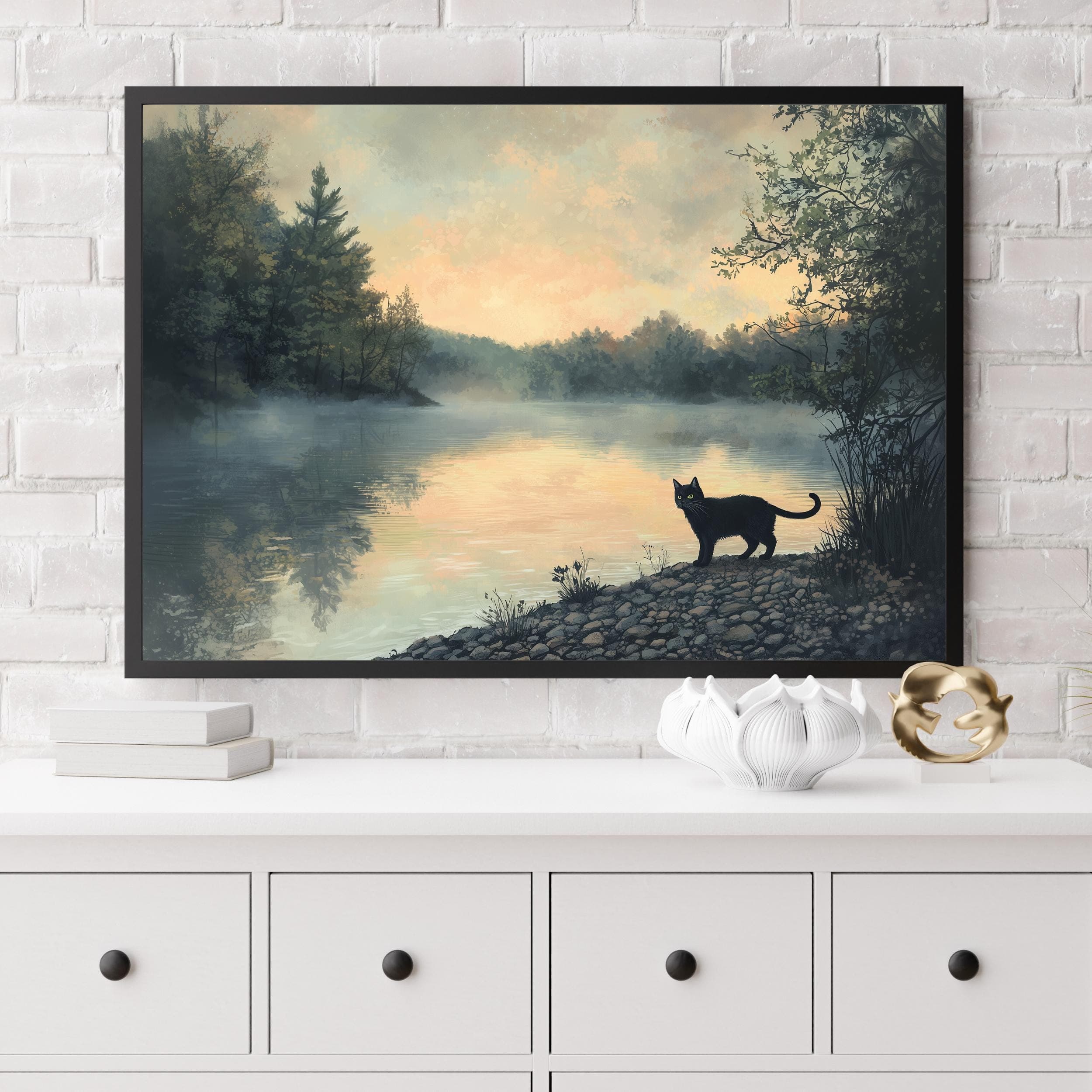 Whimsical Black Cat Art, Calming Landscape Wall Art, Digital Animal Wall Art, UNFRAMED, Black Cat Poster, Landscape Prints, Digital Cat Art - view 4