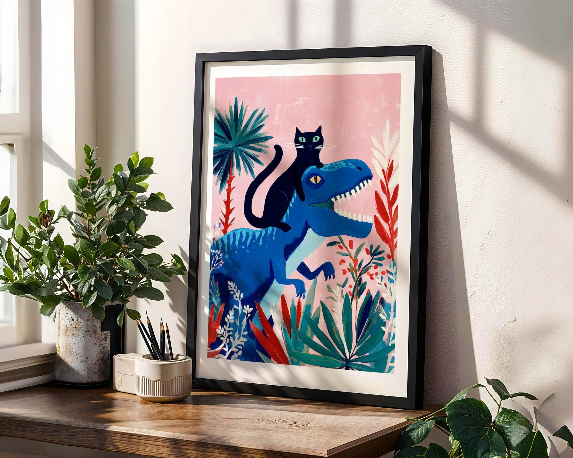 Whimsical Cat Riding Dinosaur Wall Art, Whimsical Black Cat Wall Art, Funny Black Cat Art, Digital Download, Cat and Dino Print, Printable - view 5