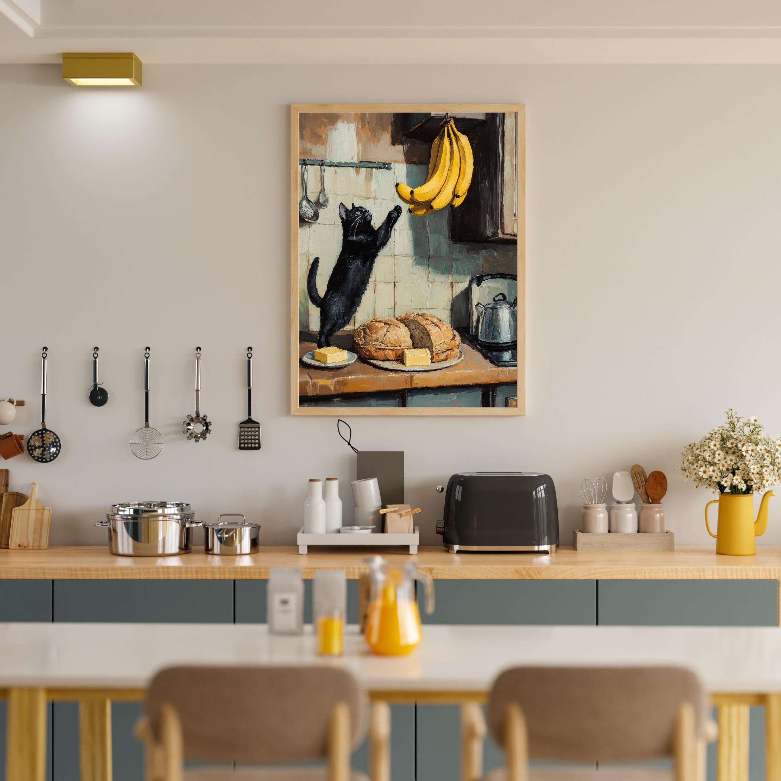 Vintage Black Cat in Kitchen – Whimsical Wall Art, Playful Black Cat Kitchen Art, Perfect Cat Lover Gift, Black Cat and Bananas Wall Art - view 6