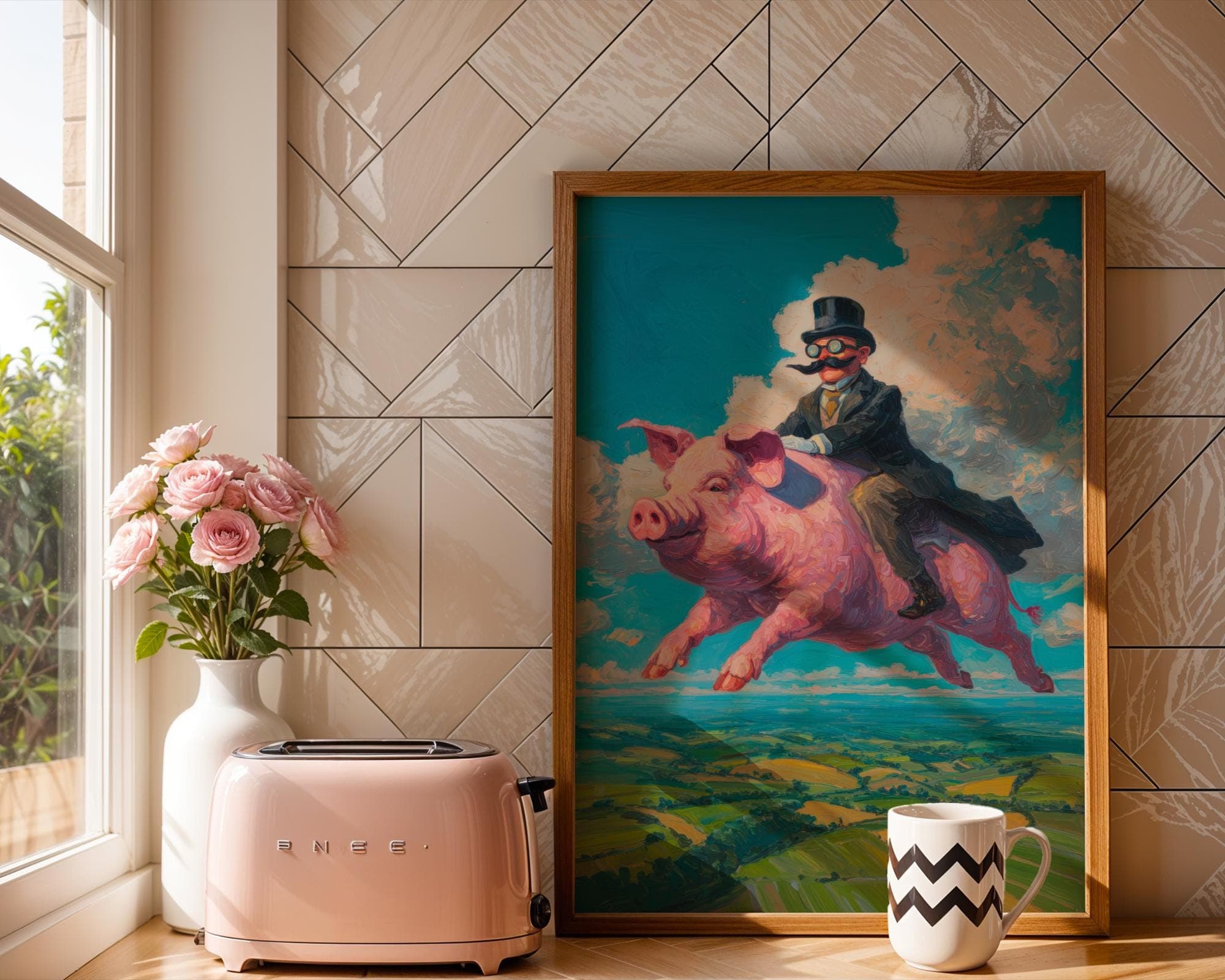 Flying Pig Wall Art – Surreal Vintage Gentleman Riding Pig Print, Digital Wall Art, Sepia Surreal Art, Retro Fantasy Wall Decor, Funny Pig - view 5