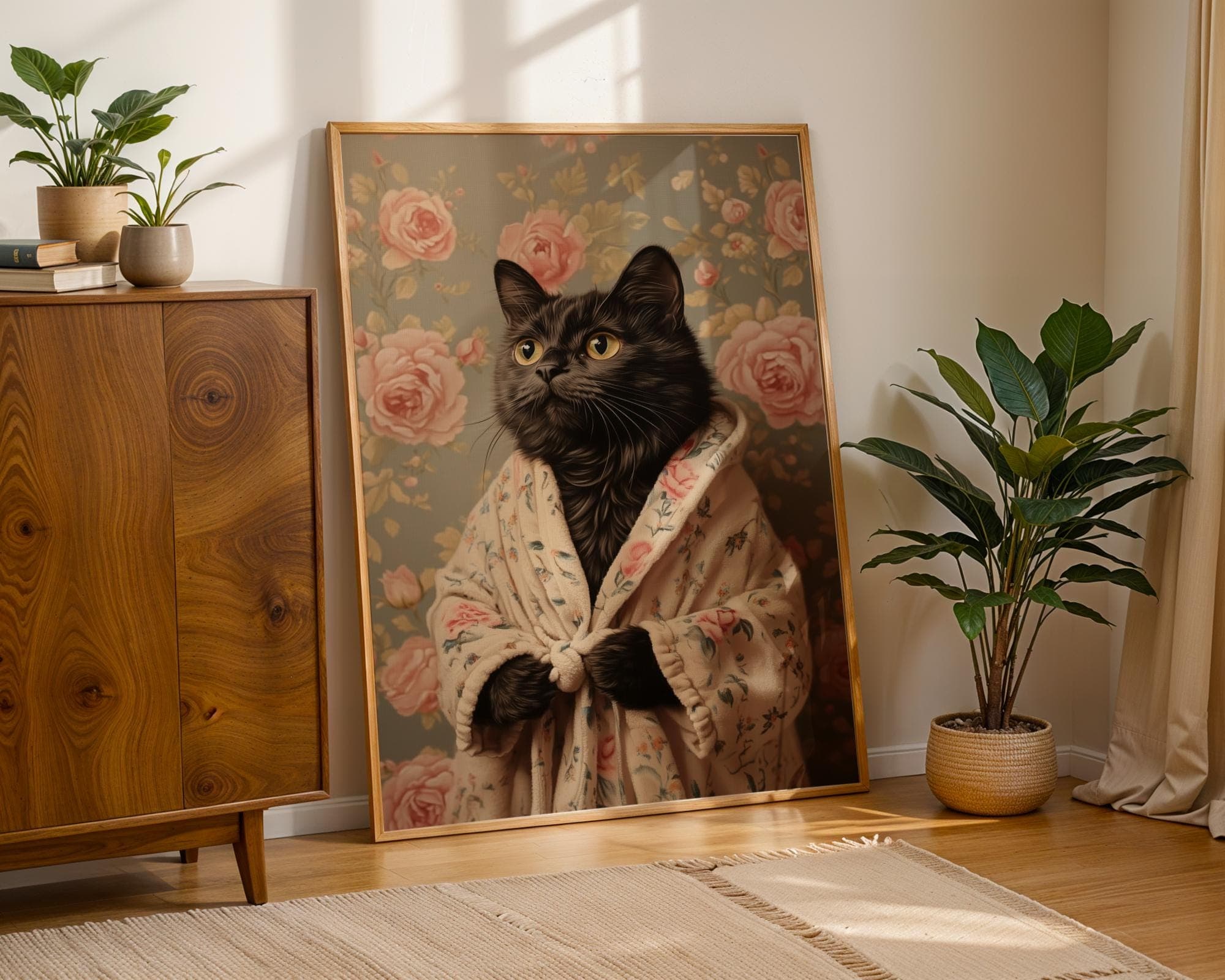 Fluffy Black Cat Portrait Digital Download, Cat Printable Wall Art, Black Cat in Bathrobe Wall Art, Whimsical Black Cat Art, Floral Cat Art - view 3