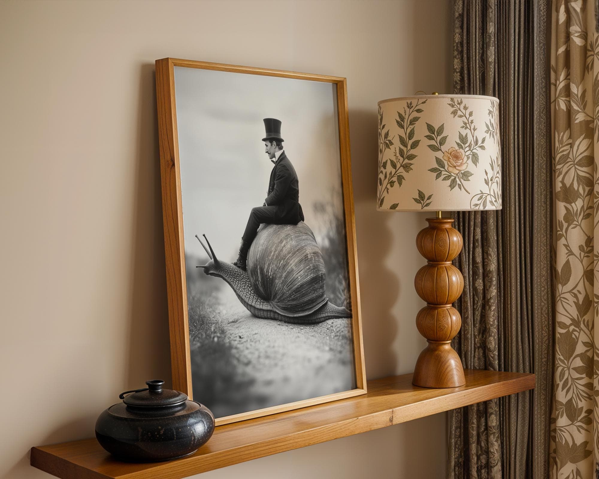 Victorian Gentleman on Giant Snail Wall Art, Surrealist Black and White Fantasy Wall Art, Weird Whimsical Art, Monochrome Surreal Decor - view 7