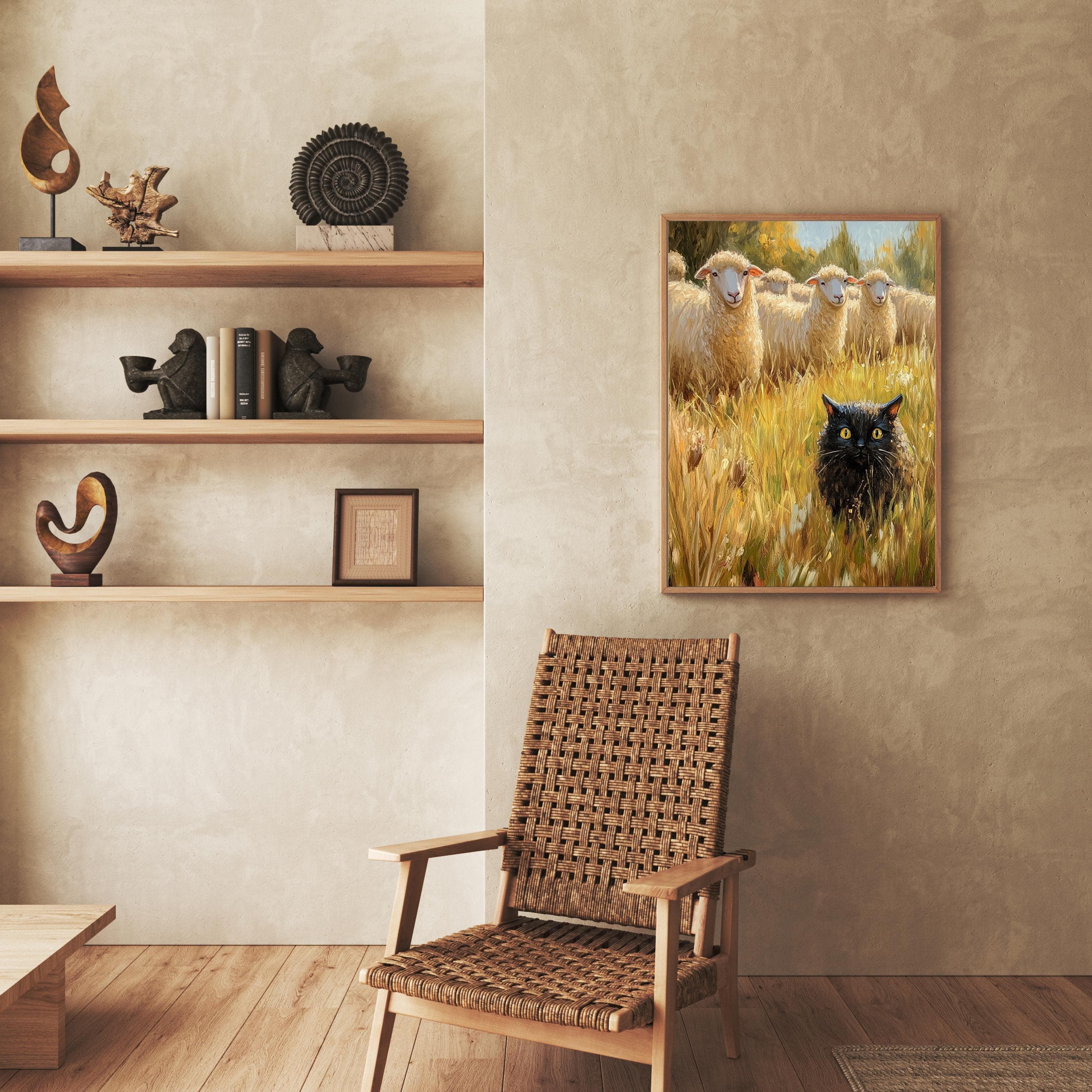 Funny Black Cat with Sheep – Whimsical Farm Wall Art, Rustic Farmhouse Art, Funny Wall Decor, Funny Black Cat Wall Poster, Quirky Black Cat - view 3