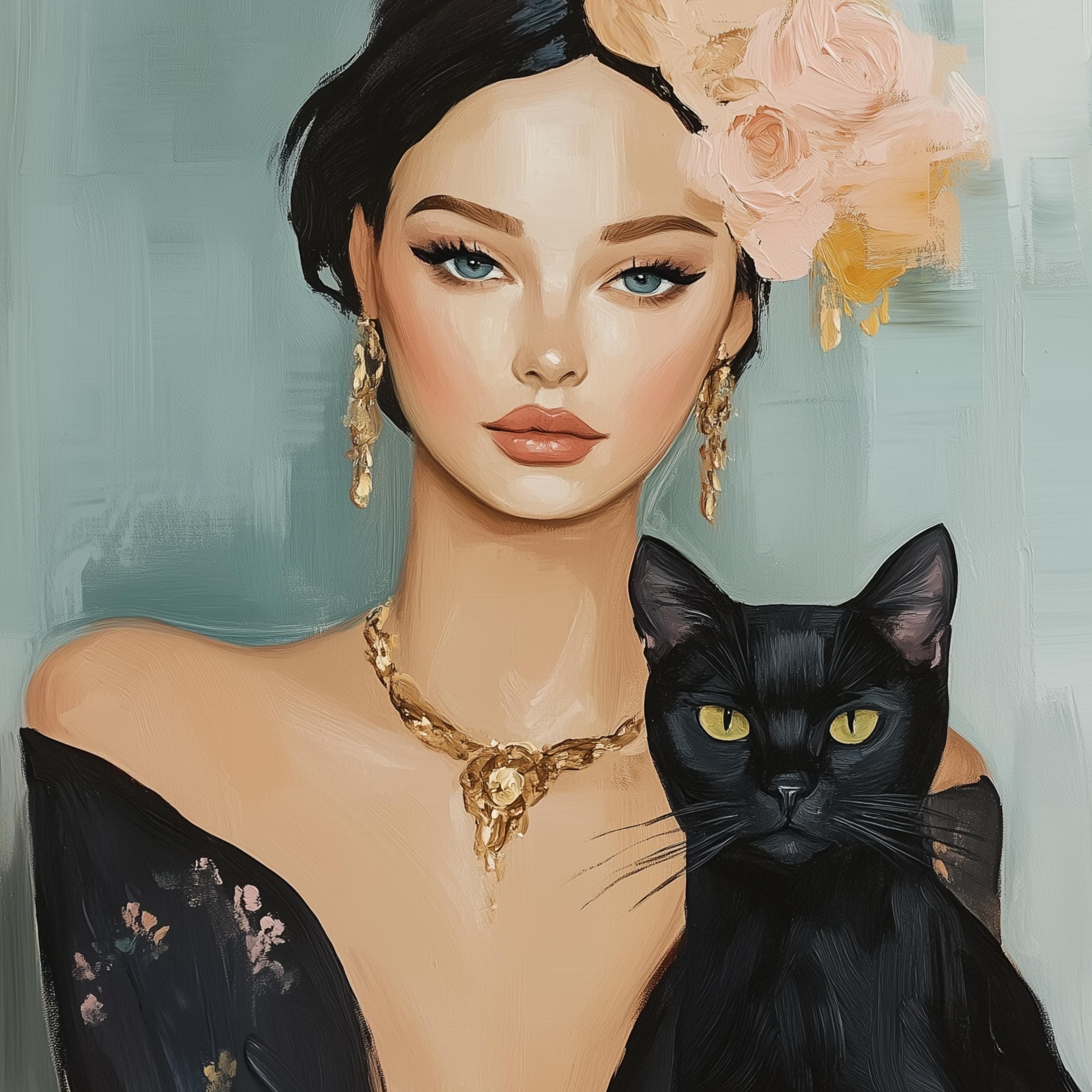 Chic Woman and Cat Portrait - Artistic Feminine Digital Painting, Vintage Aesthetic Woman and Cat Art, Earthy Tones Digital Painting Poster - view 2