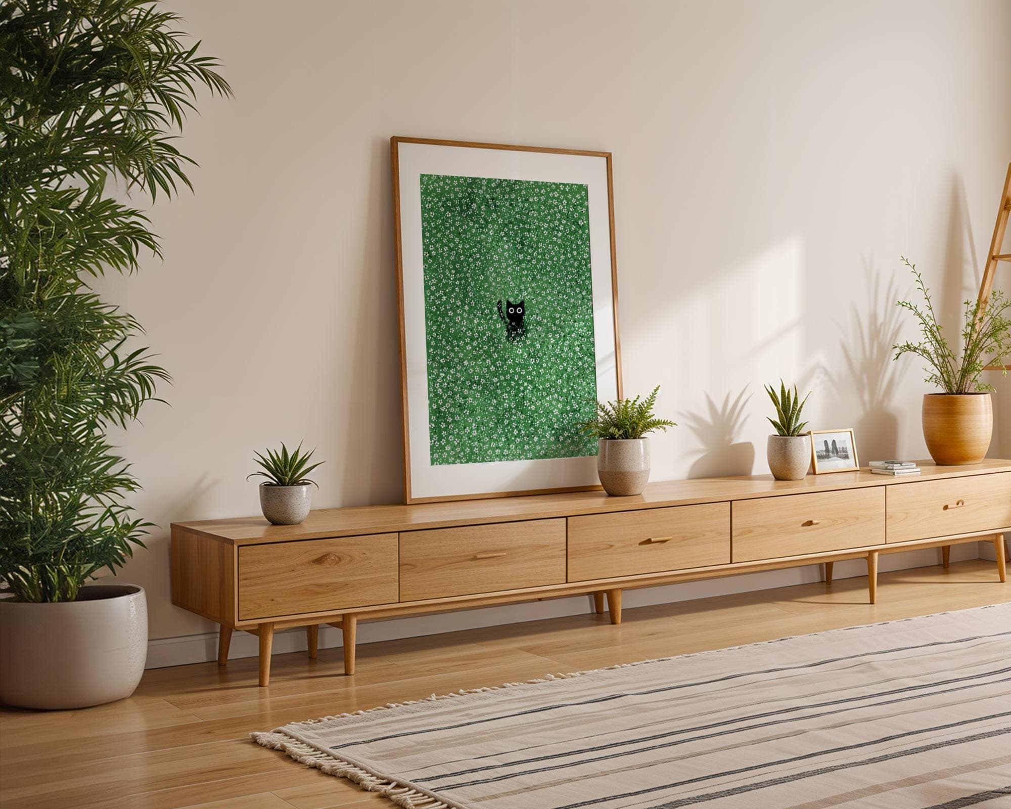 Cat in Meadow Art Print, Green Floral Background Animal Lover, Black Cat Wall Art – Minimalist Floral Print, Quirky Cat Decor, Black Cat Art - view 6