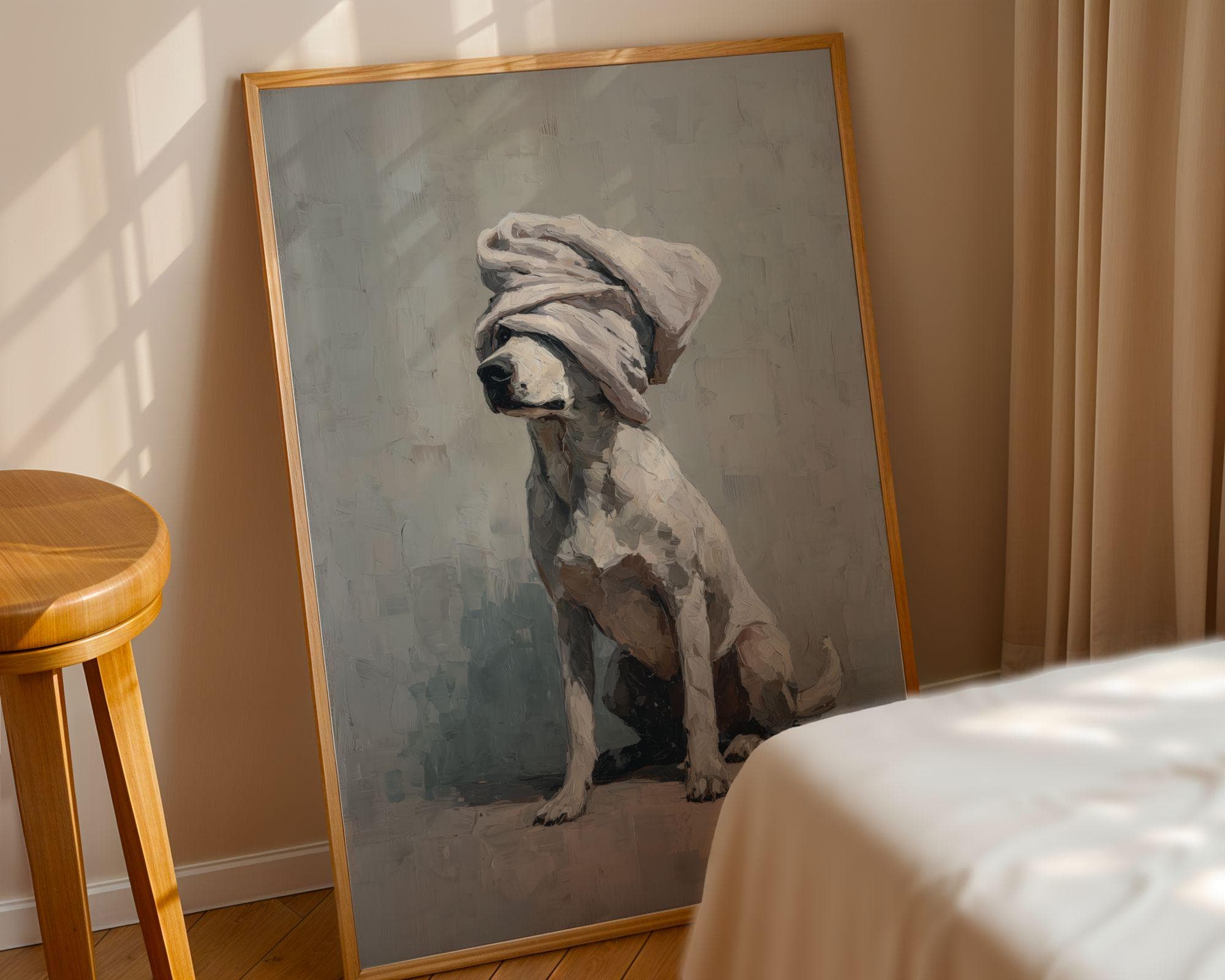 Cute Dog With Towel Wall Art, Funny Bathroom Dog Print, Neutral Dog Painting, Spa Decor Poster, Bathtub Wall Art, Whimsical Dog Wall Art - view 8