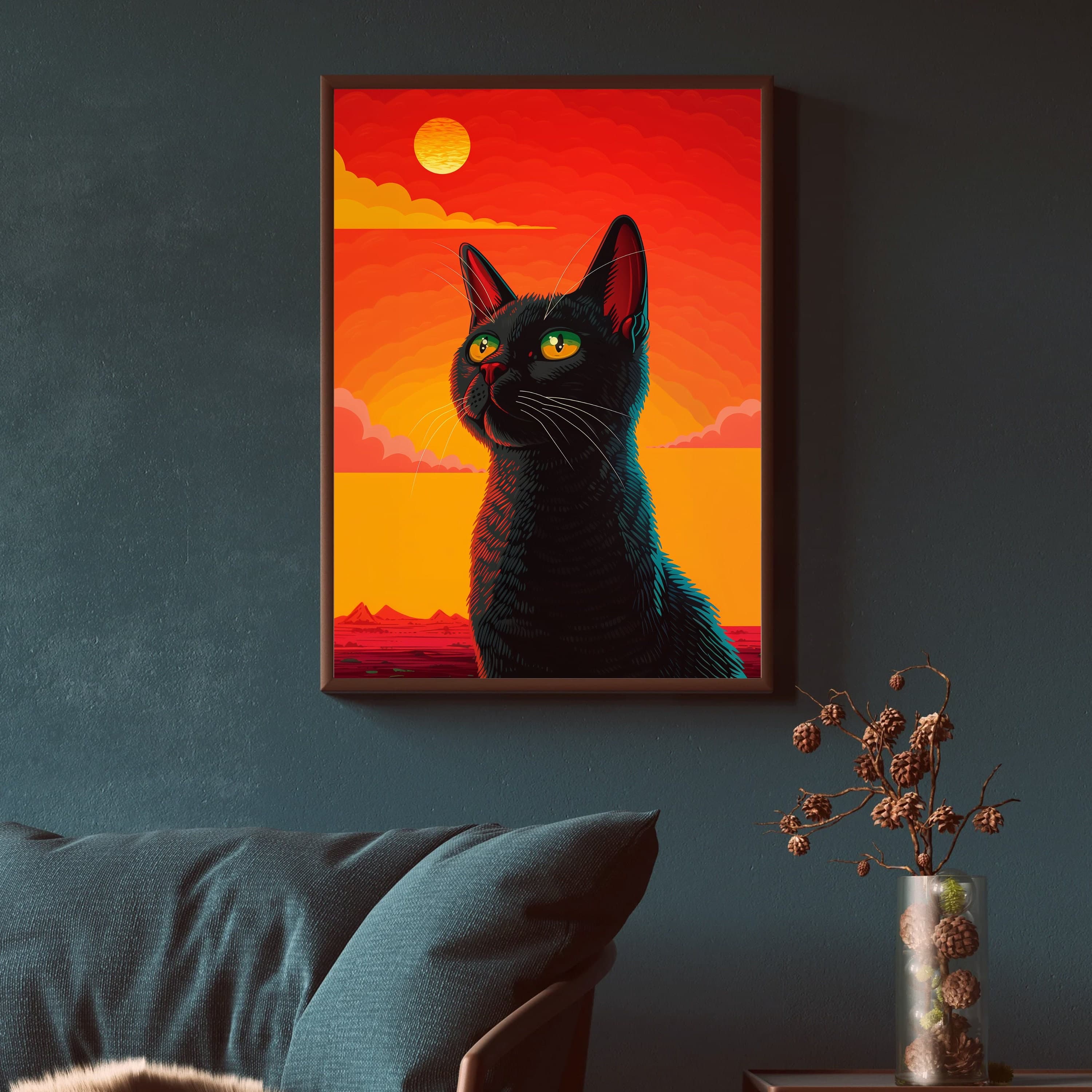 Black Cat Painting with Sunset, Black Cat Poster, Dopamine Decor, Cat Art Print,Cat mom gift, Black Cat Drawing Print, International Cat Day - view 2