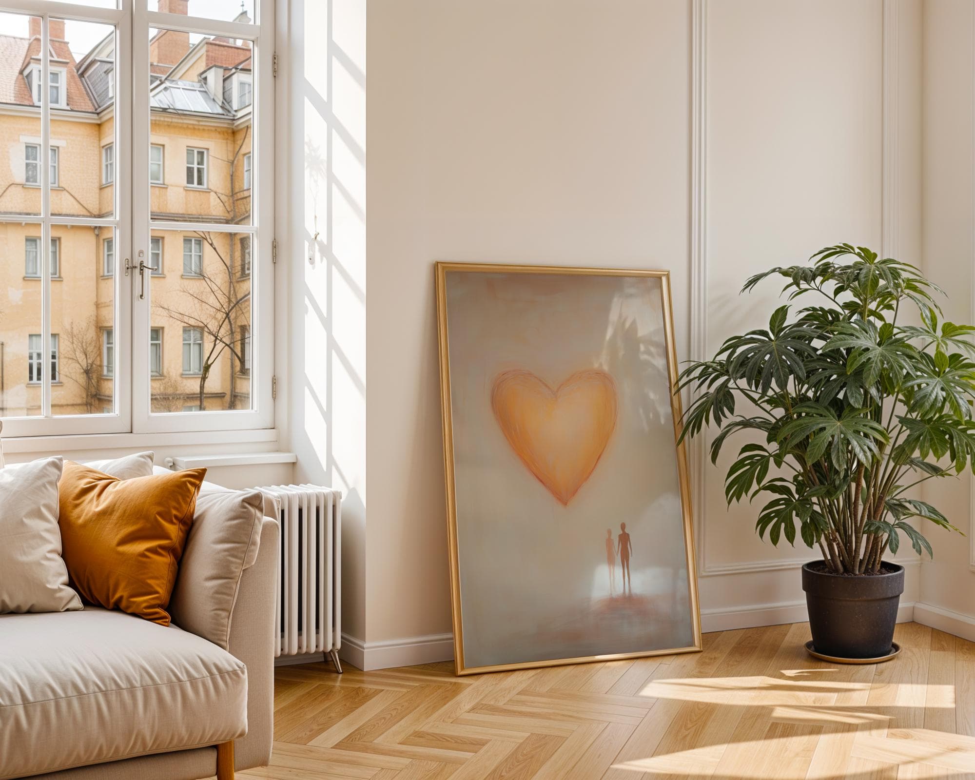 Golden Yellow Heart Painting, Minimalist Romantic Decor, Romantic Heart Art, Warm Bedroom Wall Decor, Digital Heart Art, Valentines Wall Art - view 6