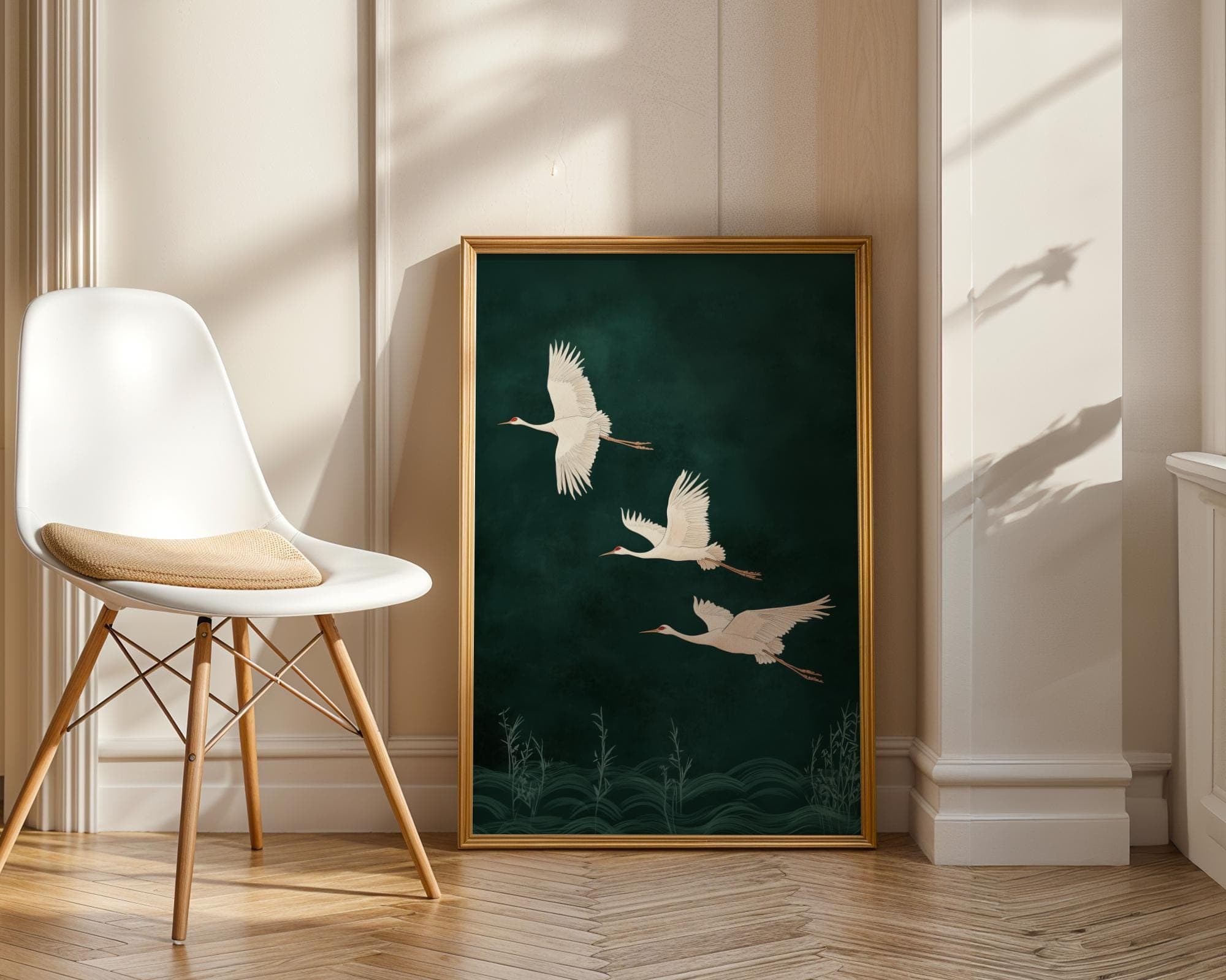 Japanese Cranes in Flight on Emerald Green, Japandi Digital Download, Emerald Art, Japandi Decor, Boho Bird Art, Wabi Sabi Wall Art - view 3