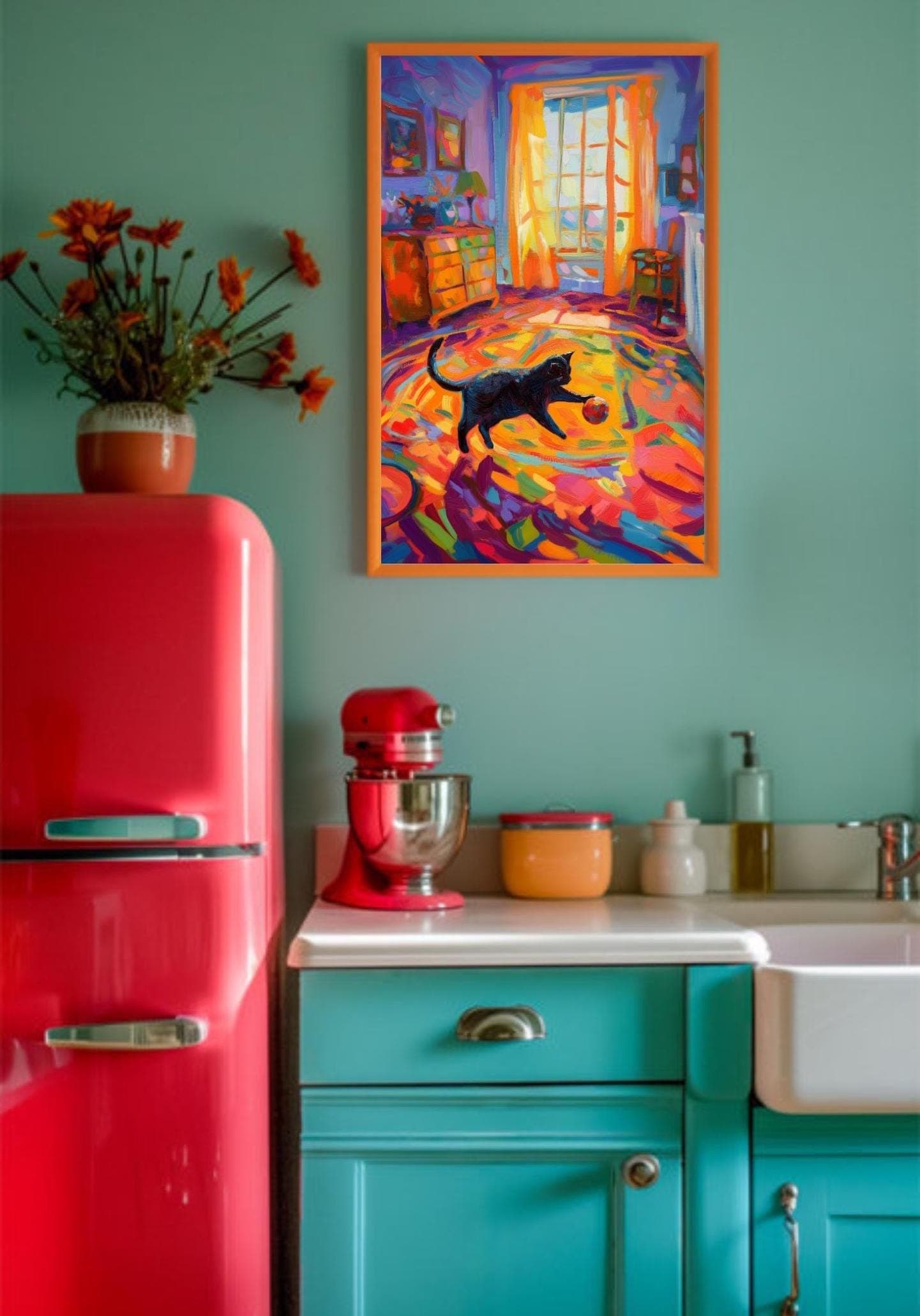 Whimsical Black Cat with Ball, Abstract Art Print, Colorful Painting, Trendy Cute Apartment Decor, Maximalist Black Cat Wall Art, Cat Poster - view 5