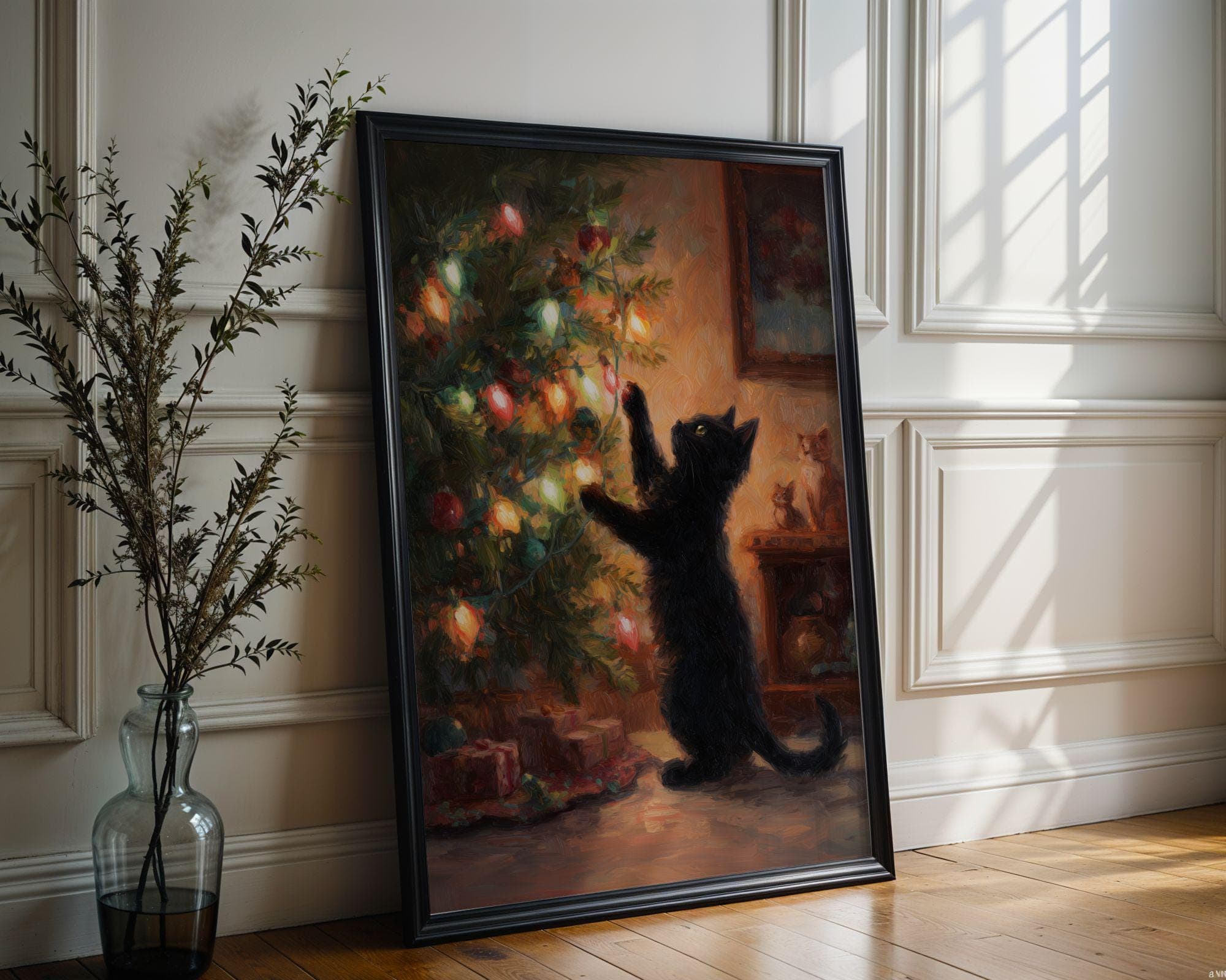 Black Cat Christmas Art Print, Christmas Cat Wall Art, Festive Black Cat Christmas Poster, Festive Oil Painting Print, Digital Download - view 2