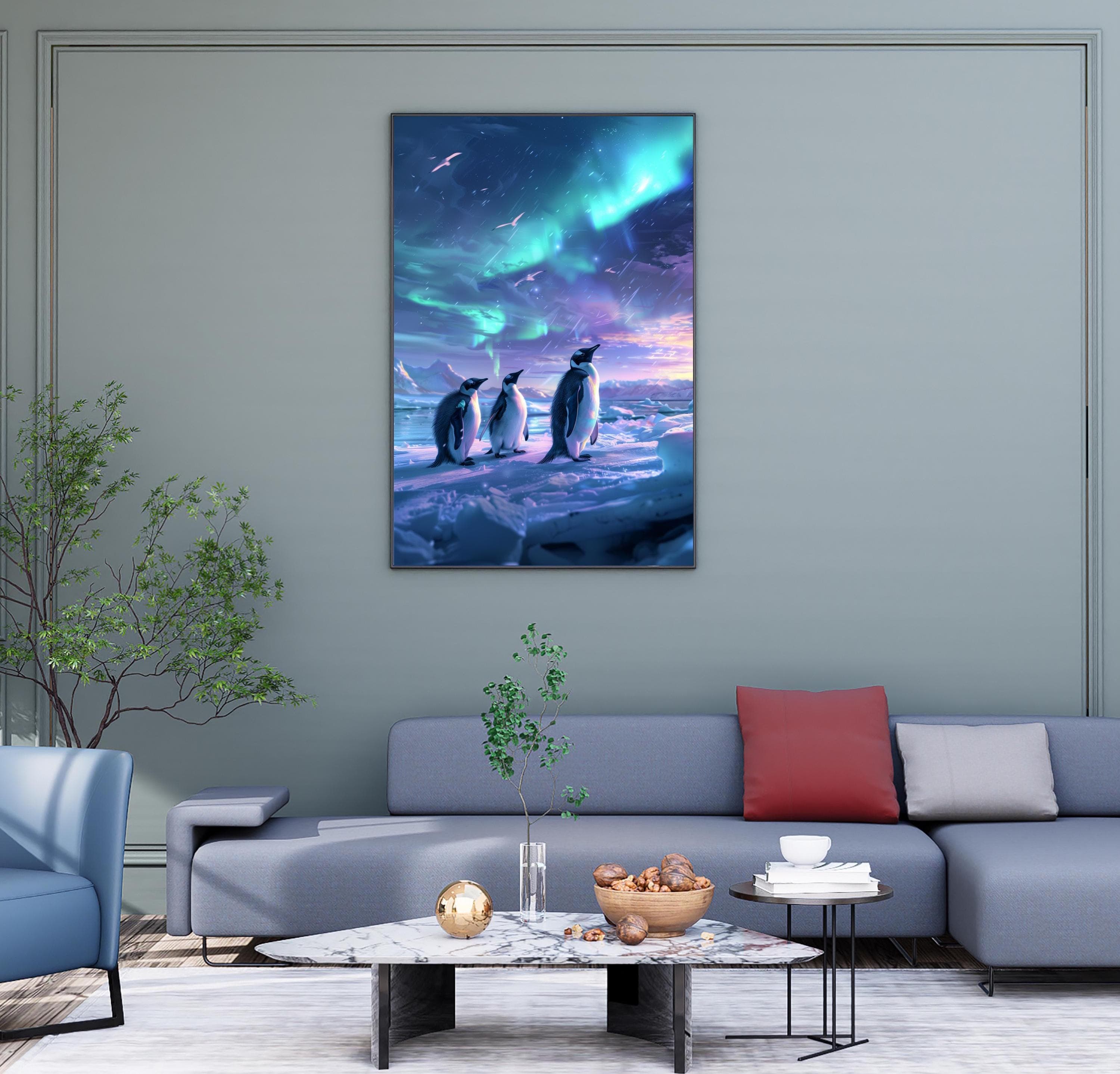 Aurora Penguins Poster, Kids Room Decor, Whimsical Penguin Art, Northern Lights Nursery Decor, Fantasy Kids Wall Art, Child's Room Decor - view 5