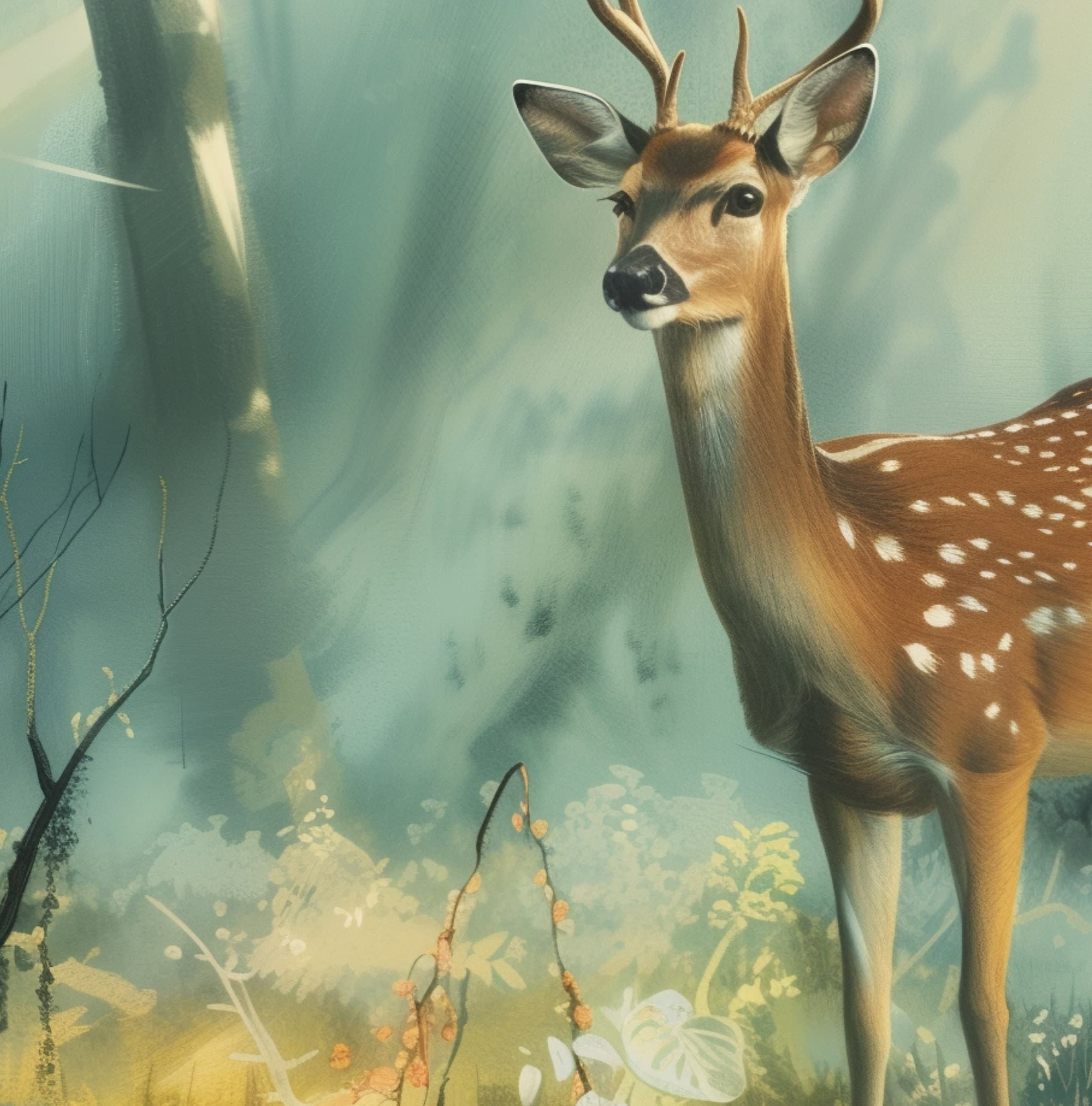 Watercolor Deer Wall Art, Oil Painting, Serene Deer Poster, Nature Oil Painting, Forest and Deer Oil Painting, Woodland Deer Oil Painting - view 2