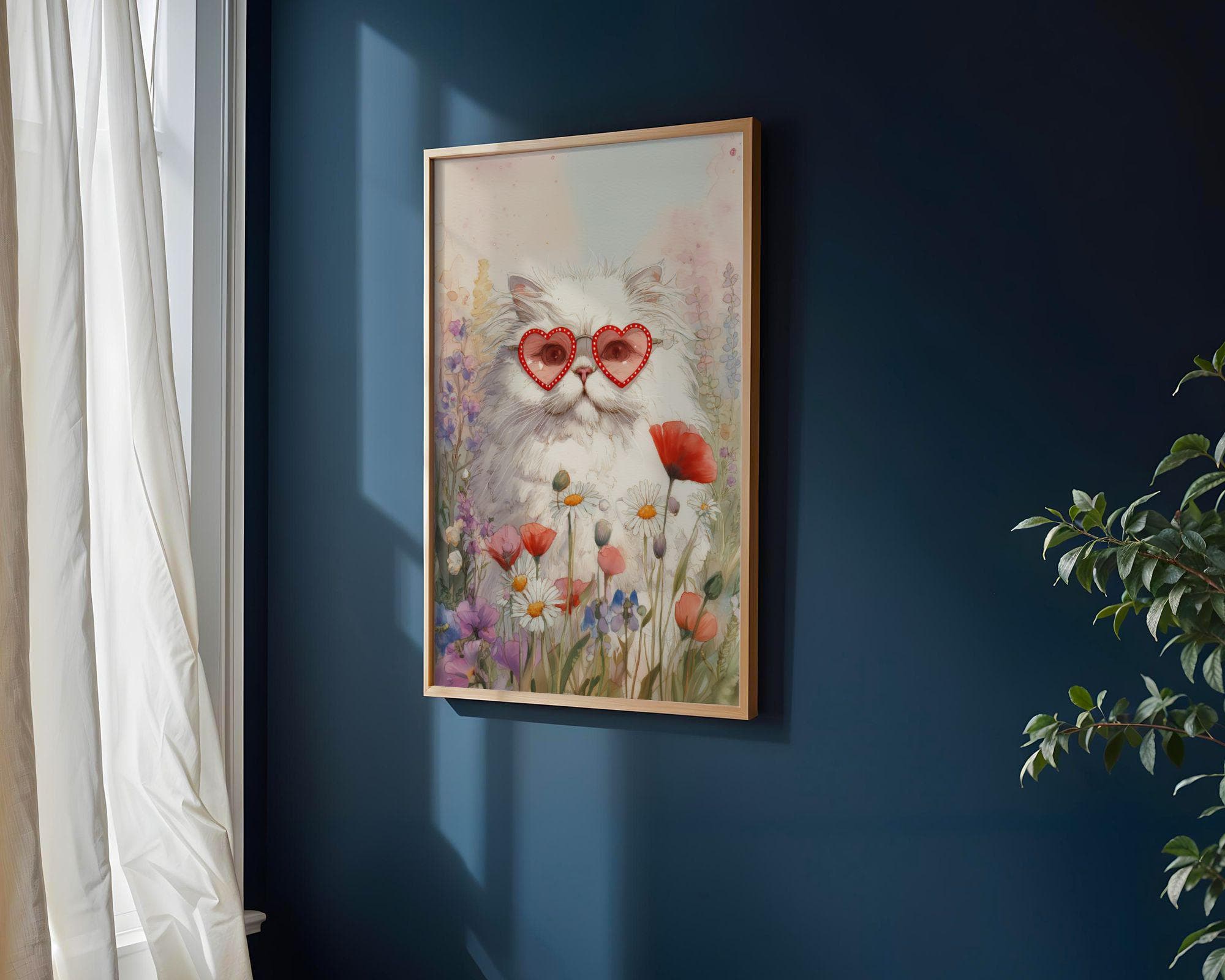 Cute Cat Wall Art Print, Watercolor White Cat in Heart Sunglasses, Floral Meadow, Pink Girly Decor, Cottagecore Cat Wall Art, Kidsroom Art - view 4