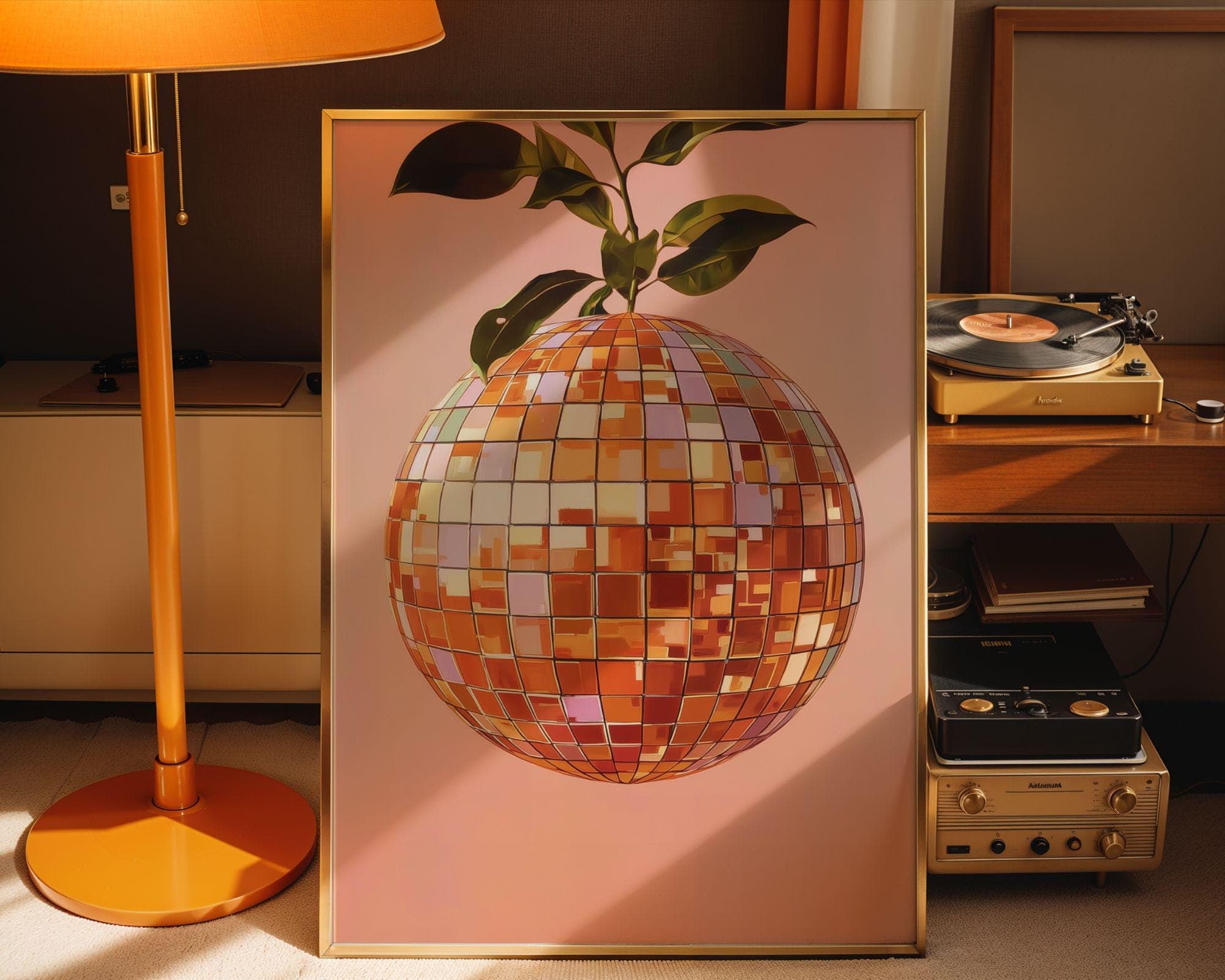 Orange Disco Ball Wall Art – Funky Fruit Pop Art Poster, Disco Orange Wall Art – Retro Fruit Pop Art Print, Orange Aesthetic Wall Print - view 3