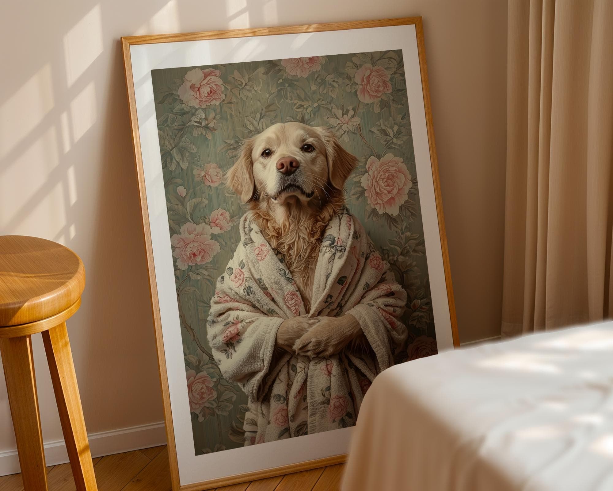 Golden Retriever in Bathrobe DIGITAL DOWNLOAD, Dog Printable Wall Art, Floral Dog Print, Funny Pet Decor, Dog Lover Gift, Retro Dog Poster - view 4