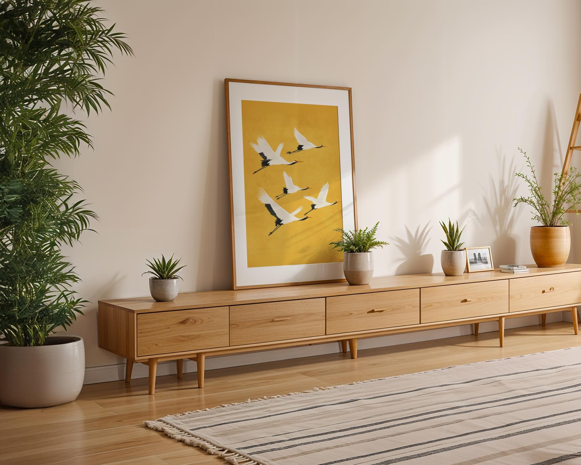 Flying Cranes on Golden Yellow, Japandi Digital Download, Japandi Decor, Boho Bird Art, Japanese Crane Wall Art, Wabi Sabi Wall Art - view 5