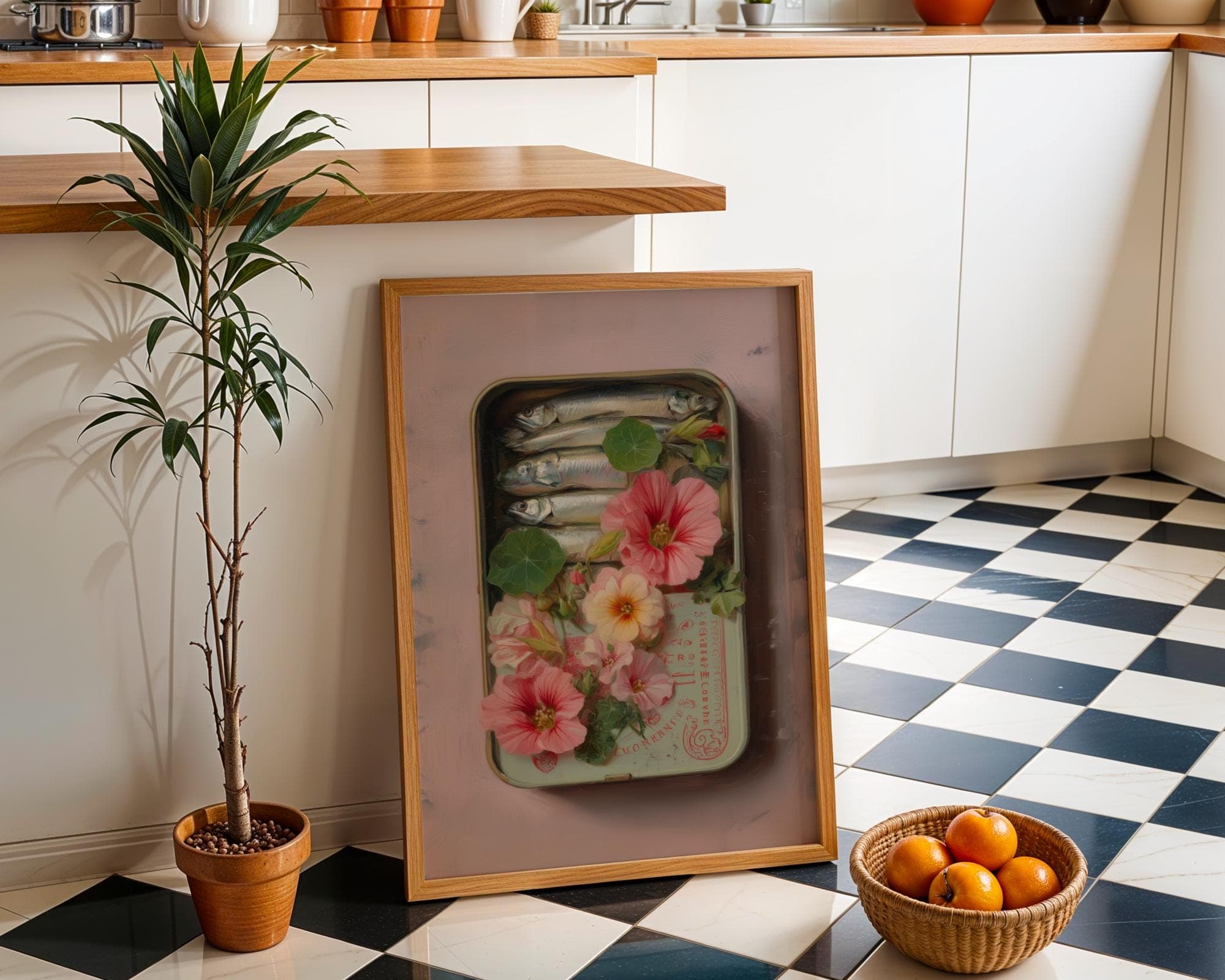 Vintage Sardine Tin Art, Retro Kitchen Wall DΓ©cor Print, Floral Sardine Tin, Colorful Sardines Art, Painting Sardines, Digital Download - view 3