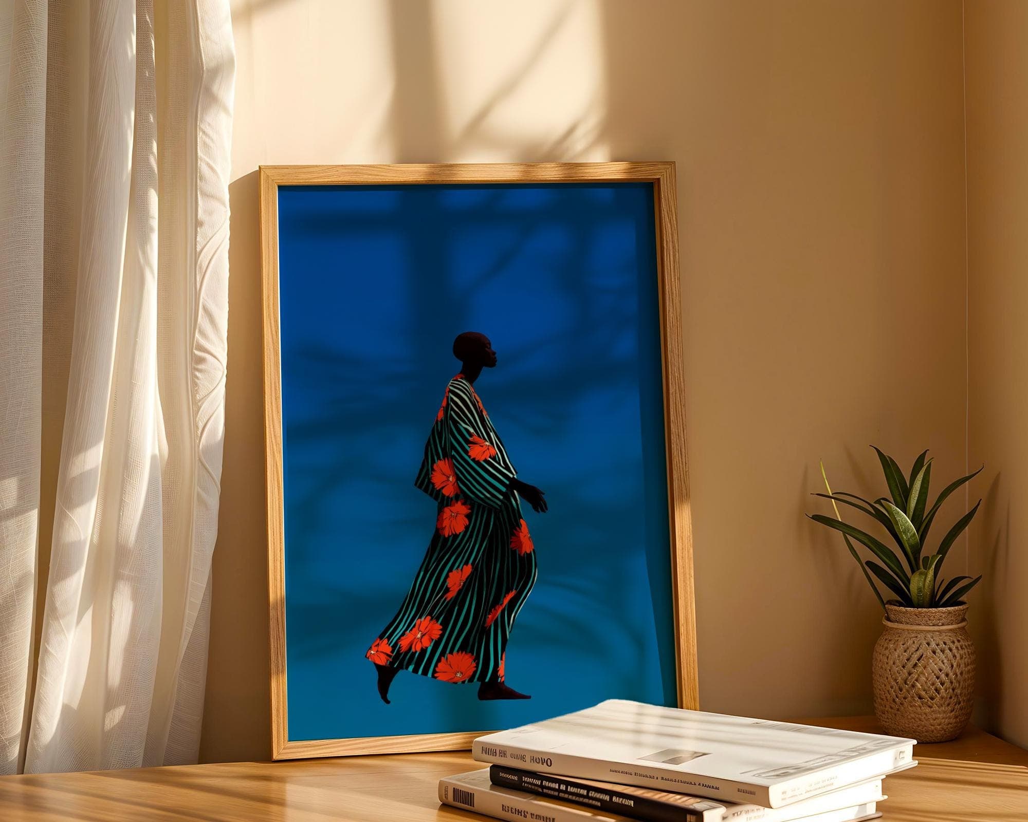 Minimalist Print Art, Contemporary Art, Ethnic Print Art, Modern African Woman Wall Art, African Woman in Striped Floral Dress, African Art - view 7