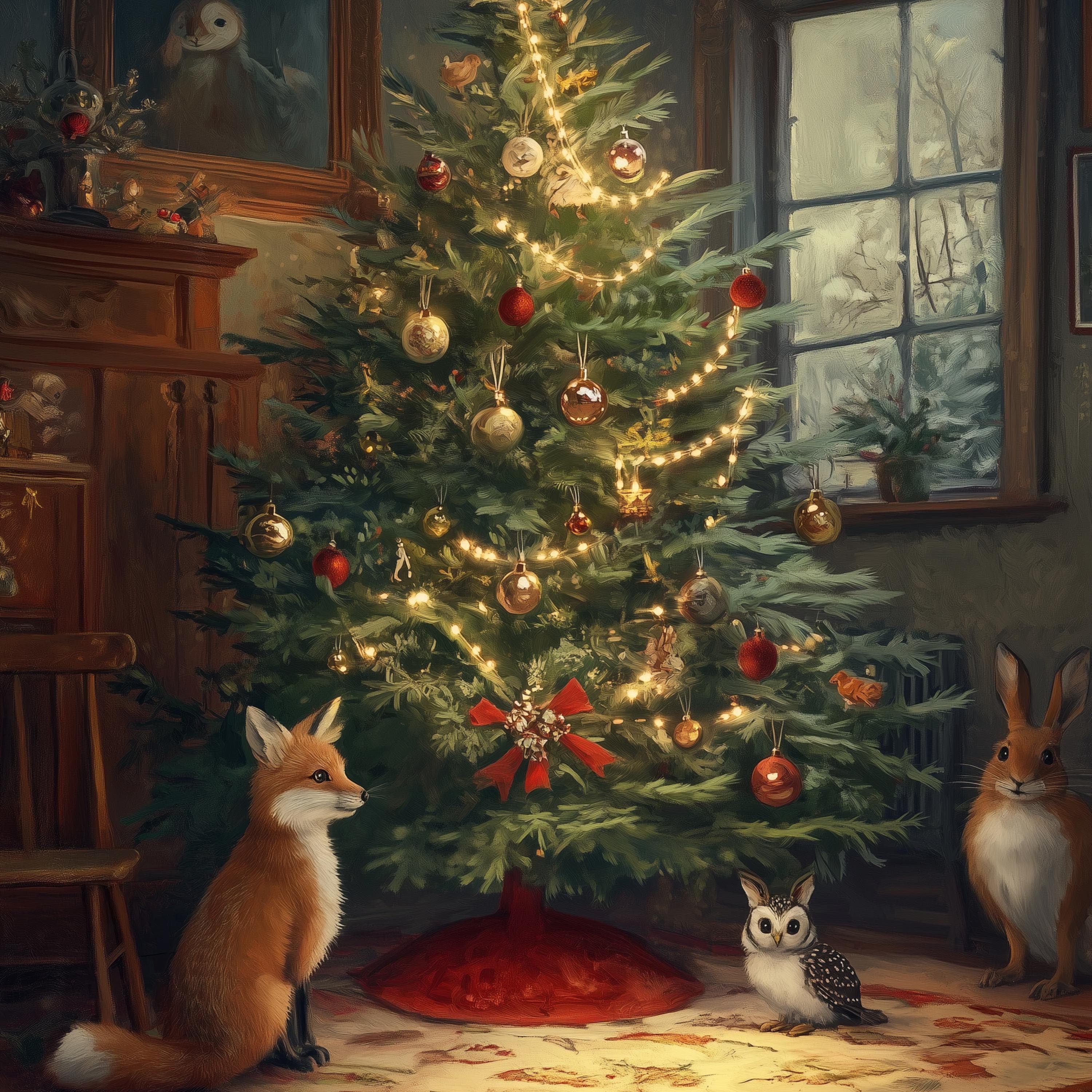 Whimsical Holiday Wall Art, Fox, Owl, Rabbit Art, Winter Wall Decor, Christmas Wall Gift, Woodland Holiday Art, Festive Art Print, Christmas - view 2