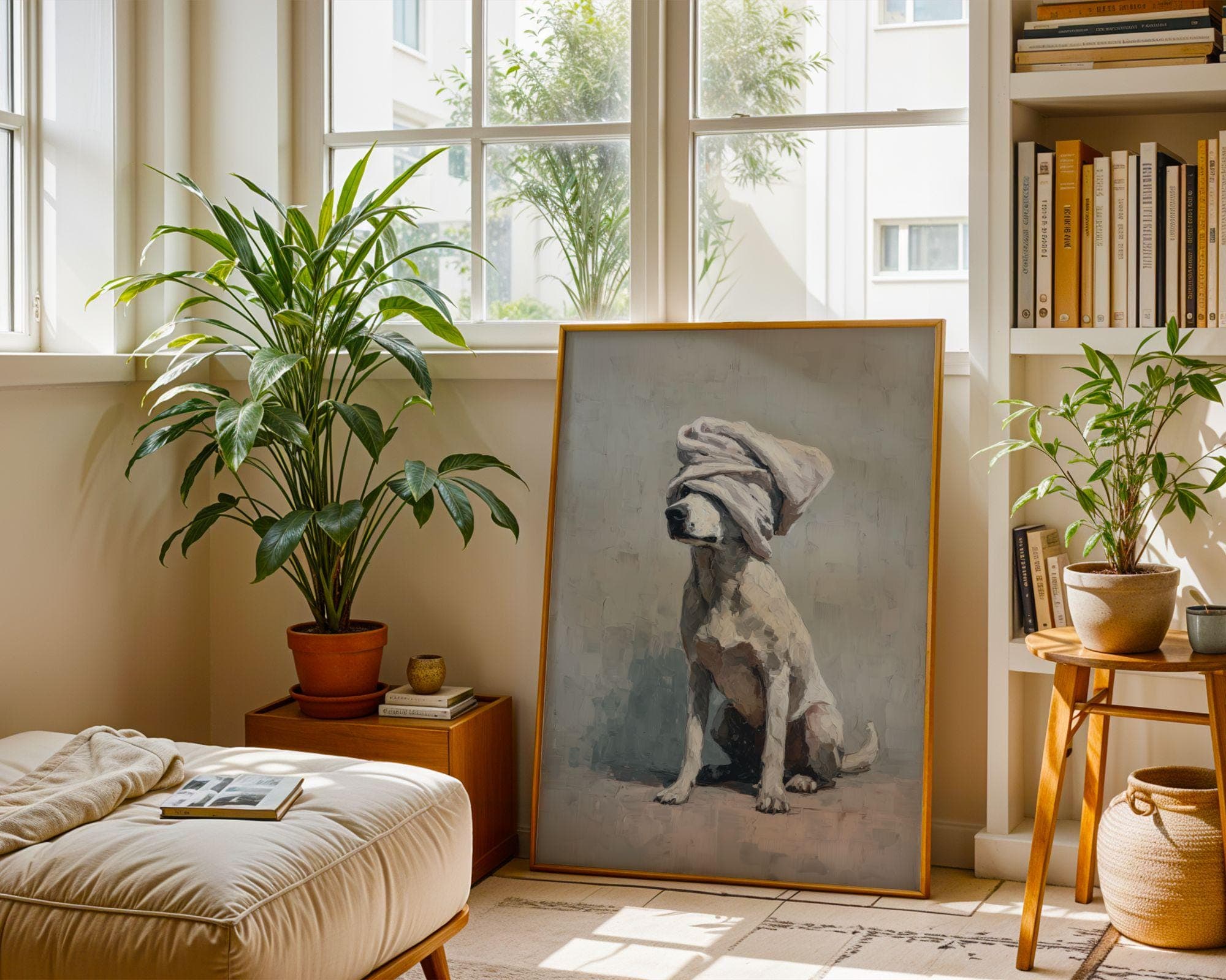 Cute Dog With Towel Wall Art, Funny Bathroom Dog Print, Neutral Dog Painting, Spa Decor Poster, Bathtub Wall Art, Whimsical Dog Wall Art - view 7