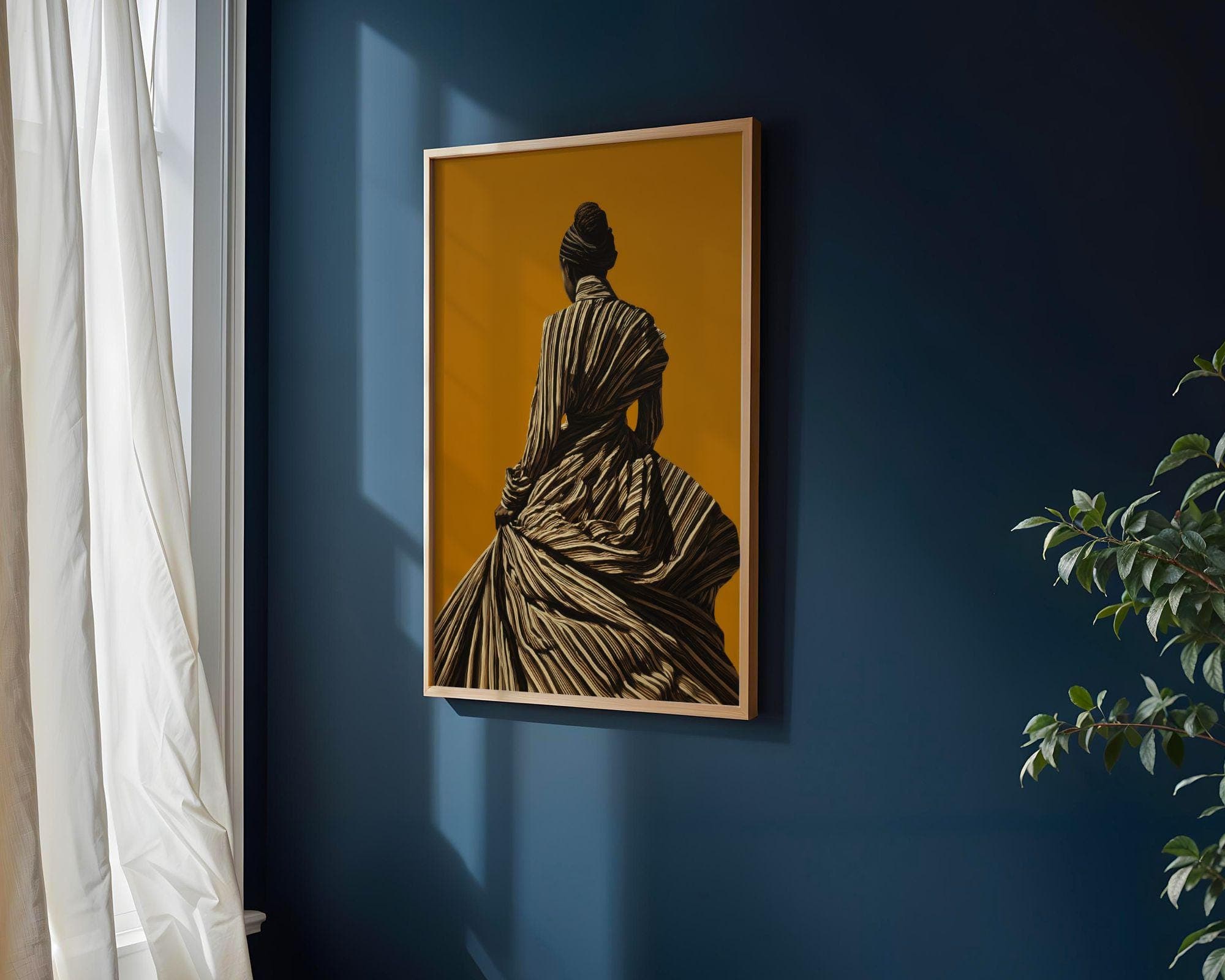Black Woman Wall Art, Fashion Portrait Print, Modern Woman Wall Art, Black White Striped Dress Print, Mustard Yellow Background, Digital Art - view 2