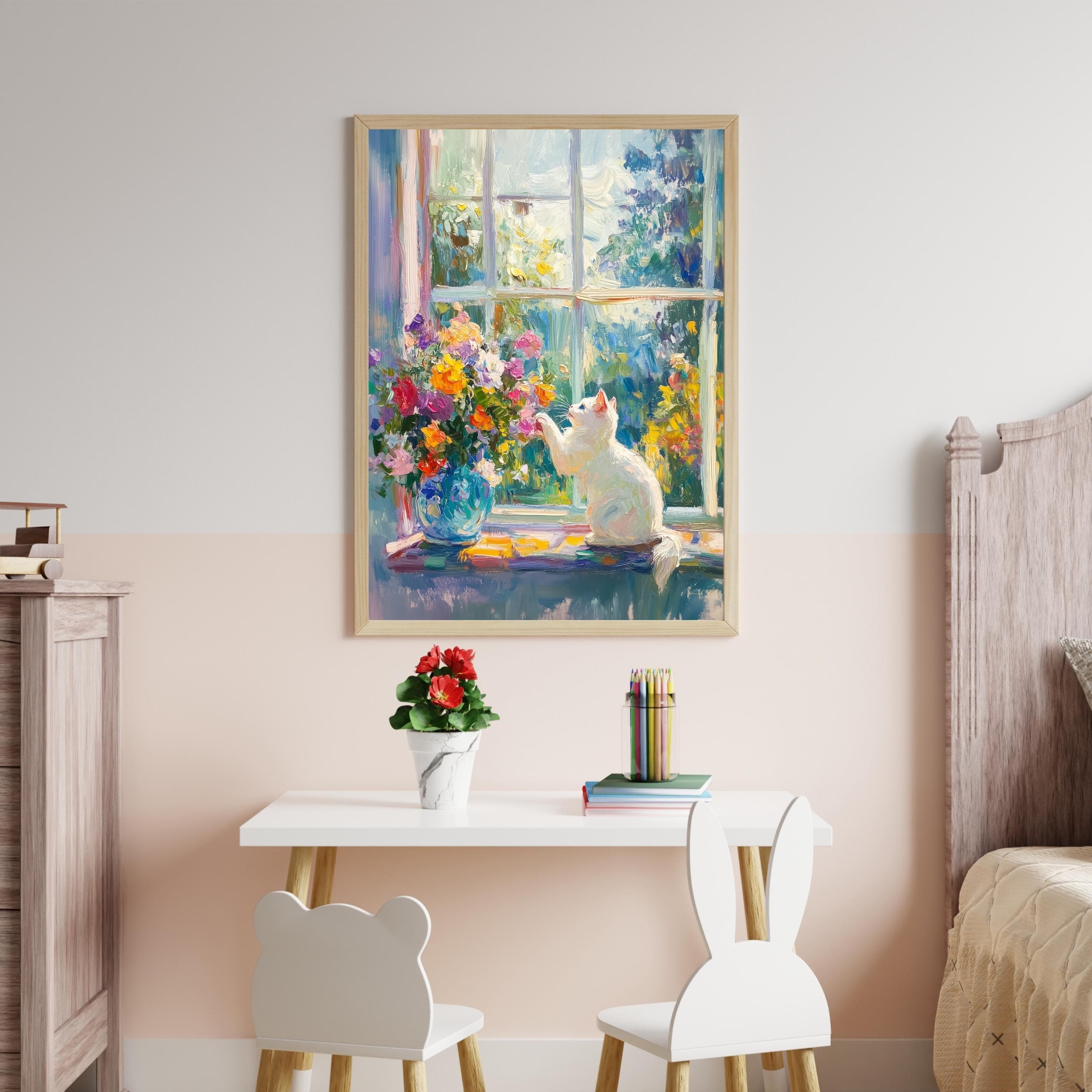 White Cat with Colorful Flowers Art Print, Matisse Style Oil Painting, Colorful Kitchen Decor, Cat Mom Gift, White Cat Painting, Cat Poster - view 3