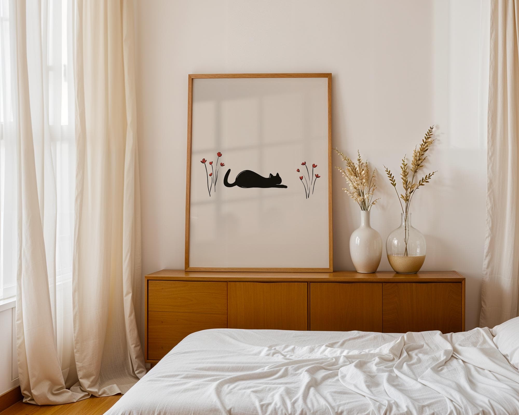 Minimalist Black Cat Wall Art, Minimal Line Cat Drawing, Line Art Print, Zen Cat Wall Decor, Minimal Animal Wall Art, Neutral Wall Print - view 7
