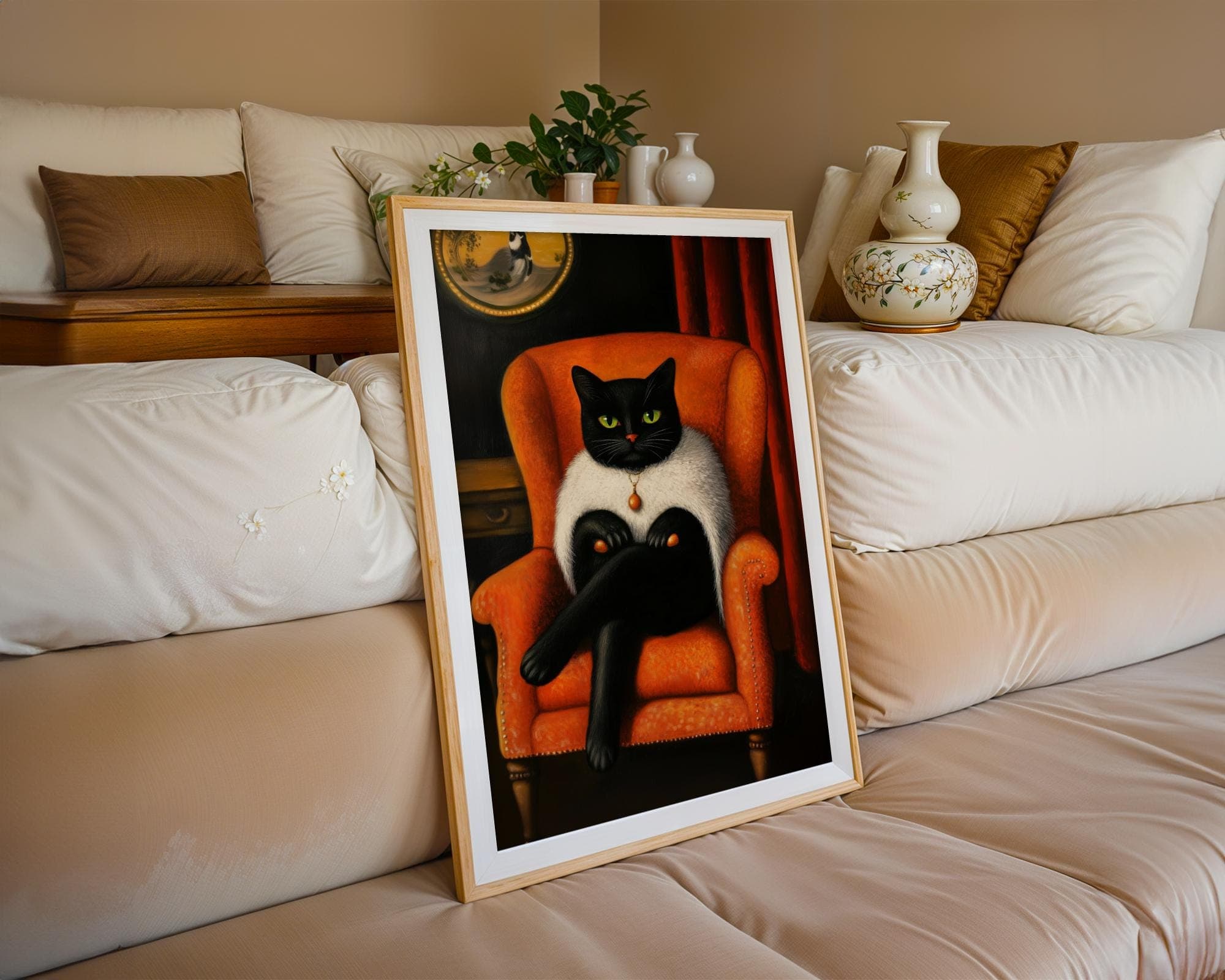 Vintage Black Cat Portrait, Orange and Black Decor Print, Black Cat in Orange Chair, Cool Cat Wall Art, Aristocratic Black Cat Wall Art - view 2