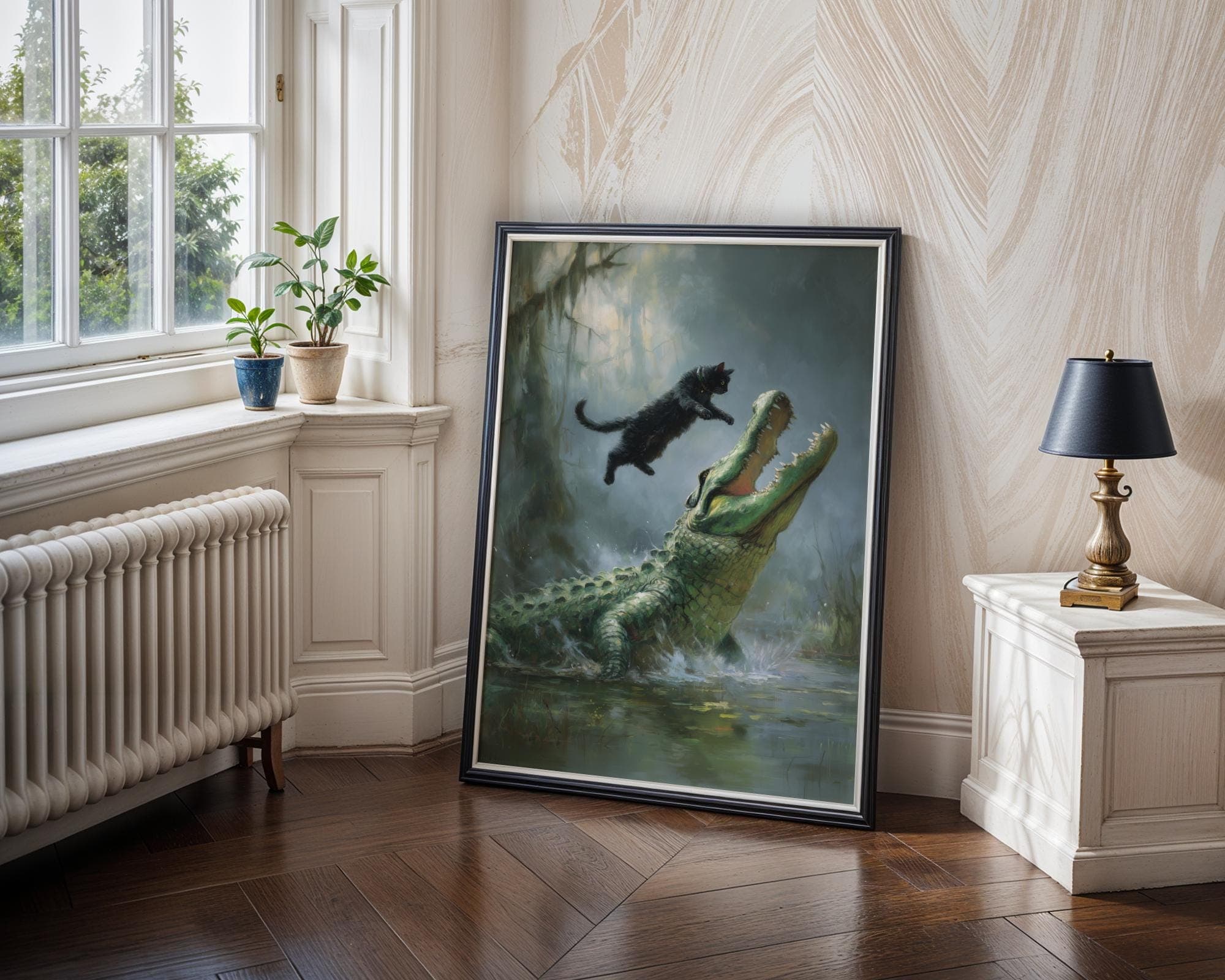 Fearless Cat vs Alligator ā Fantasy Wildlife Wall Art, Heroic Cat Scene, Funny Black Cat Decor, Dramatic Digital Oil Style Wildlife Painting - view 4