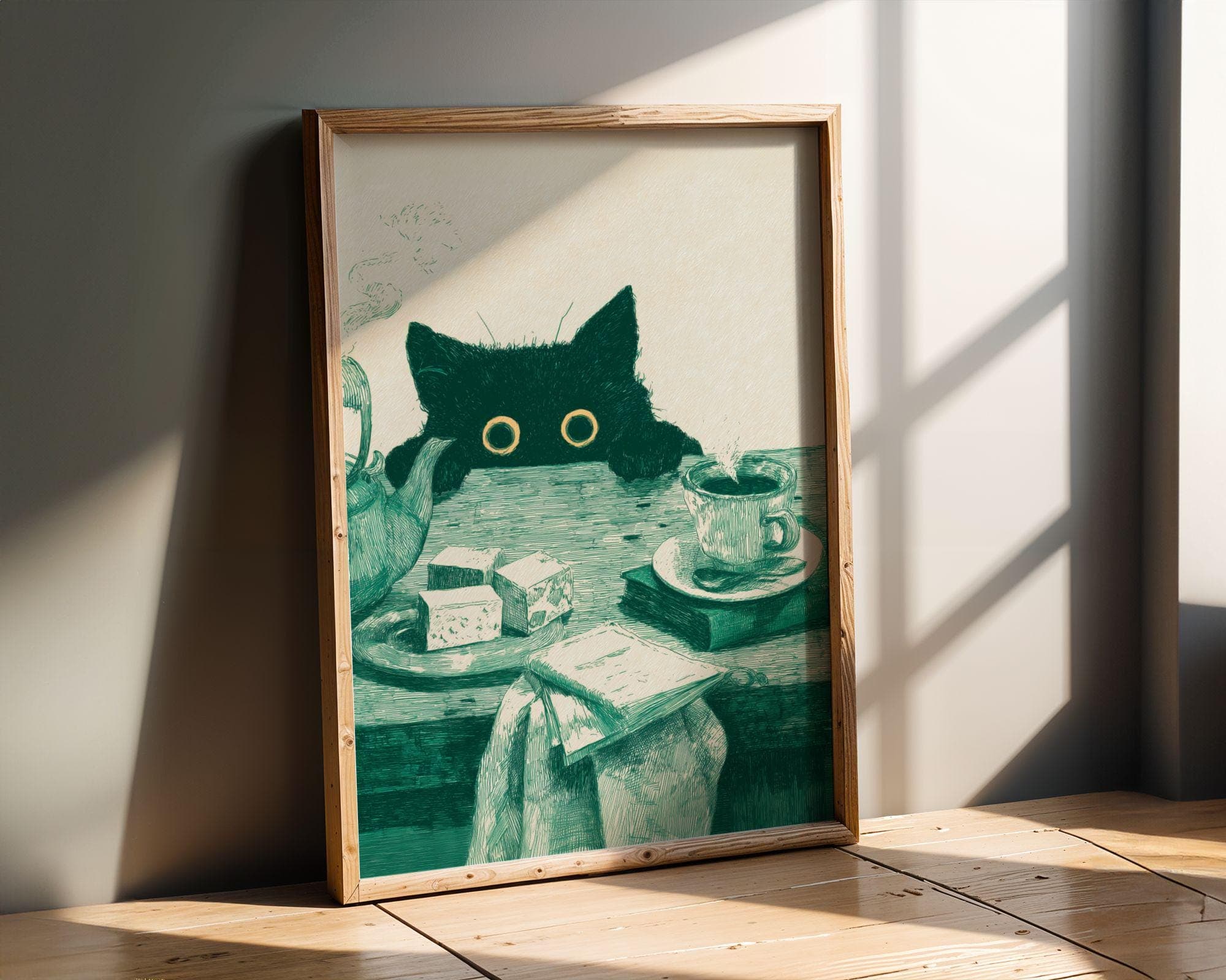 Funny Cat Kitchen Poster, Whimsical Black Cat Poster, Curious Cat Wall Art, Quirky Cat Decor, Vintage Cat Art Print, Emareld Green Wall Art - view 6