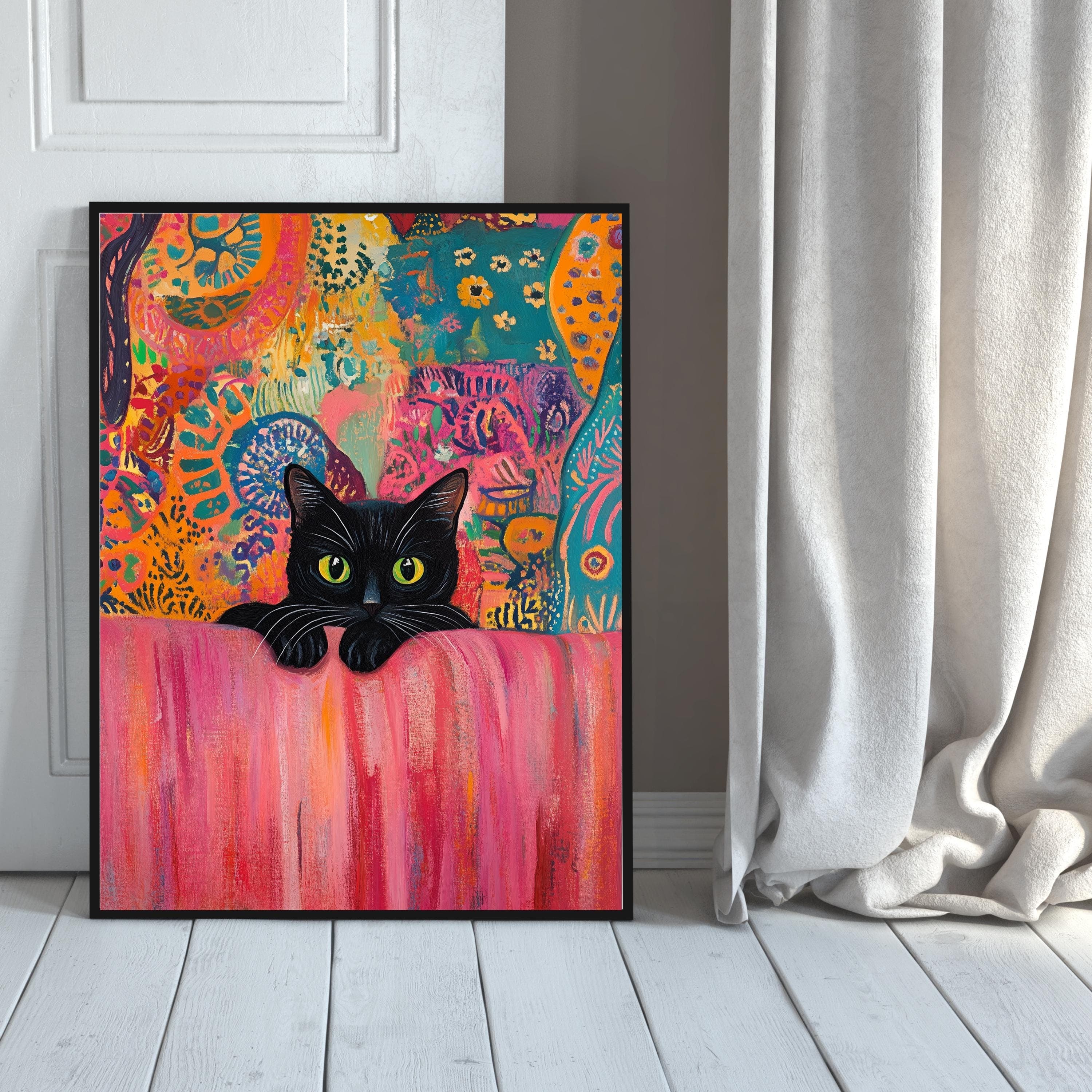 Black Cat Art Print, Pink Couch, Colorful Abstract, Matisse Style (Digital Download) - view 6