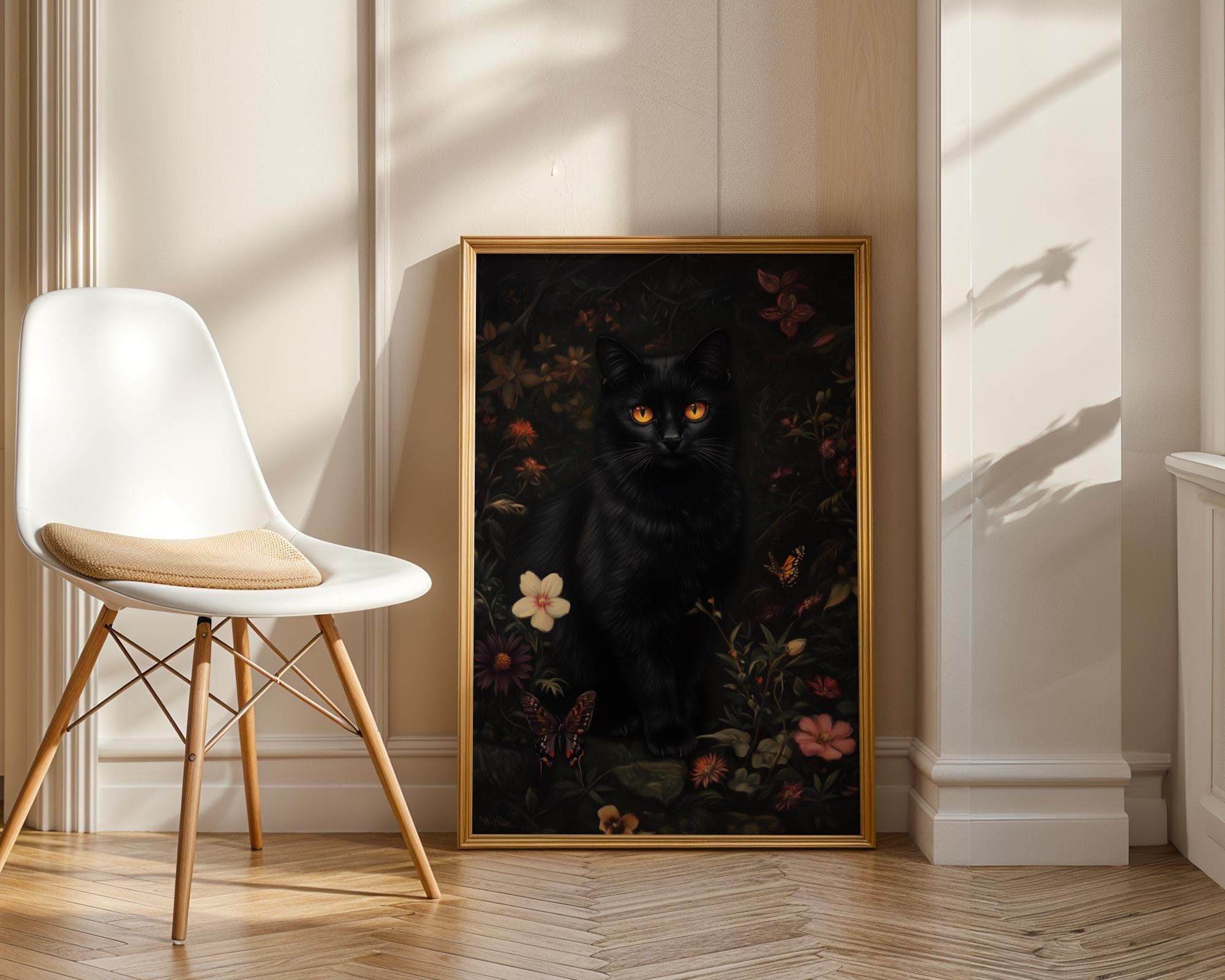Floral Black Cat Print, Flower Cat Vintage Poster, Dark Academia Printable, Dark Cottagecore Decor, Gothic Oil Painting, Whimsical Black Cat - view 5