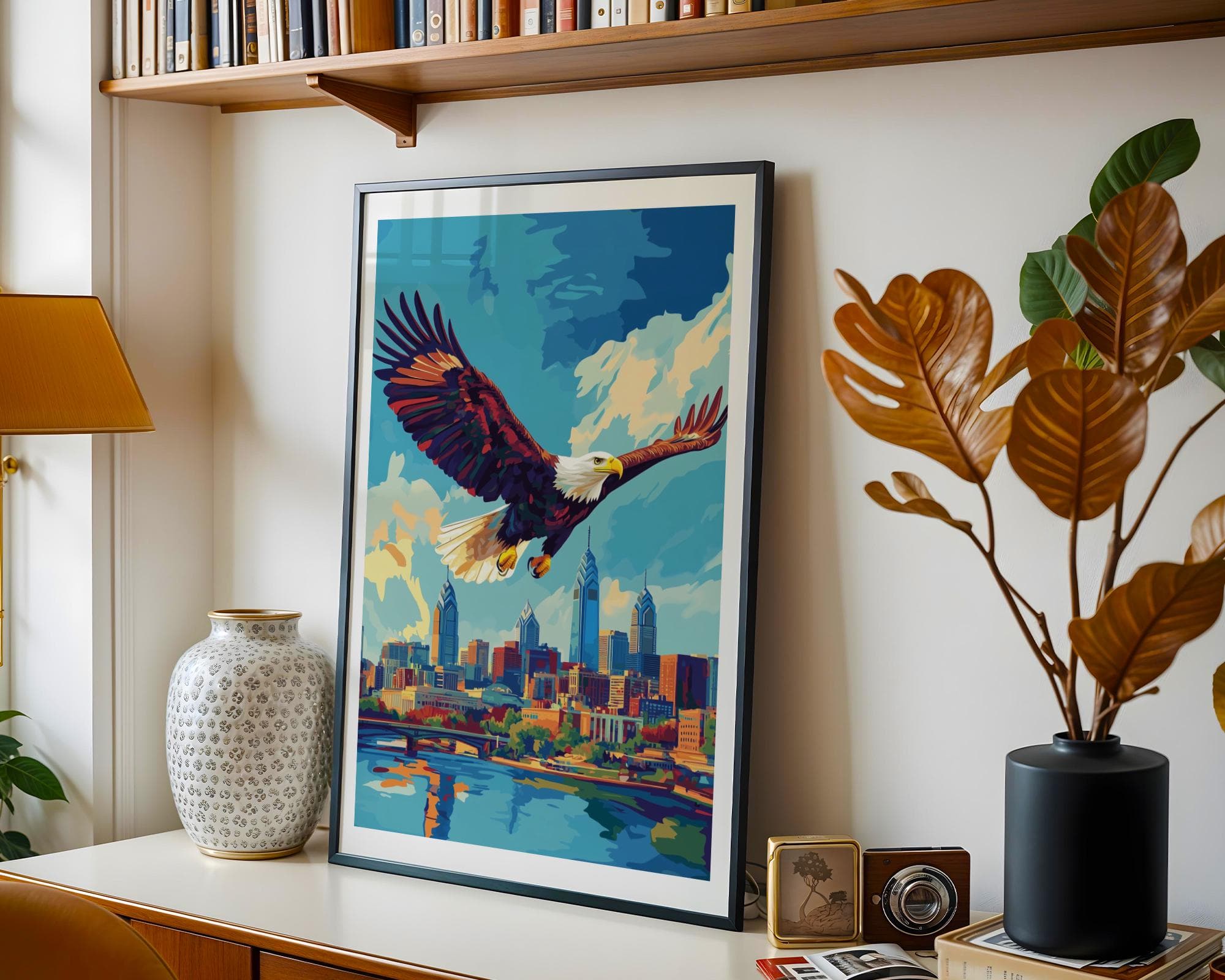 Philadelphia Wall Art, Blue Sky City Poster, Philadelphia Modern Decor, Majestic Eagle Print, Cityscape Painting, Digital Download - view 4