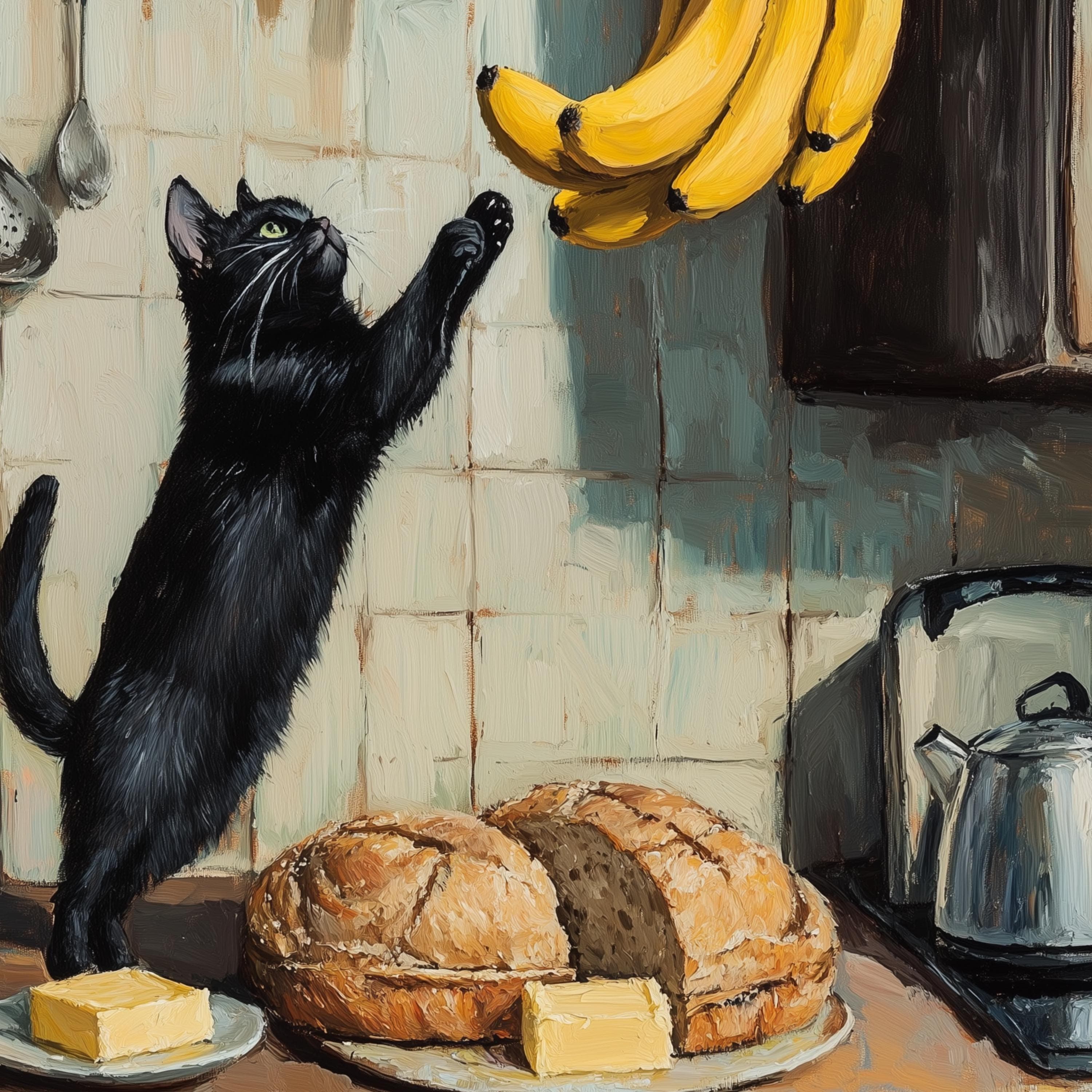 Vintage Black Cat in Kitchen – Whimsical Wall Art, Playful Black Cat Kitchen Art, Perfect Cat Lover Gift, Black Cat and Bananas Wall Art - view 2